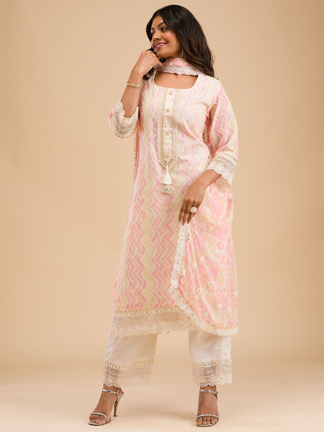 

Koskii Chevron Embroidered U-Neck Schifflie Straight Kurta With Palazzos & Dupatta, White