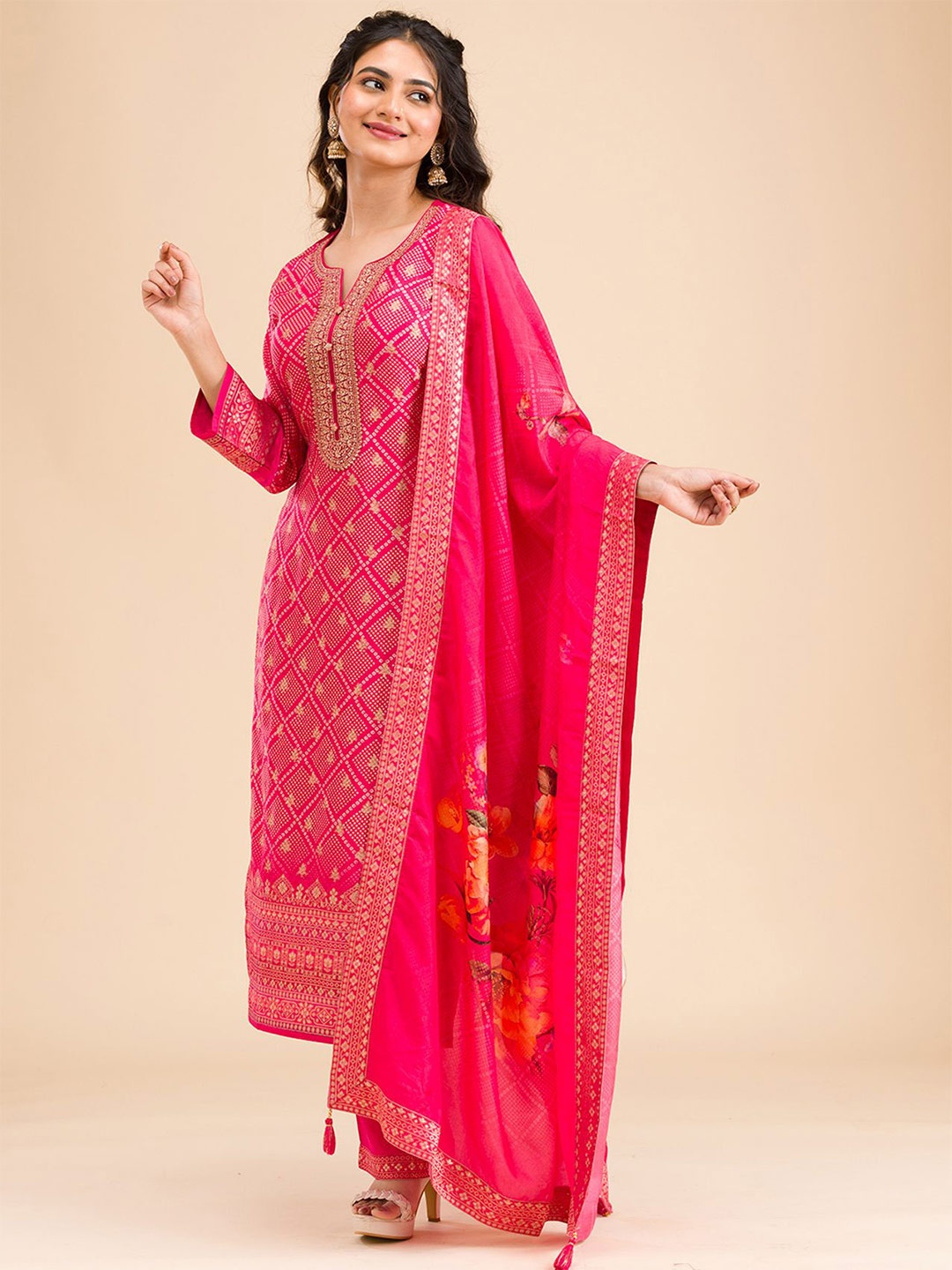 

Koskii Bandhani Printed Kurta with Palazzos & Dupatta, Pink