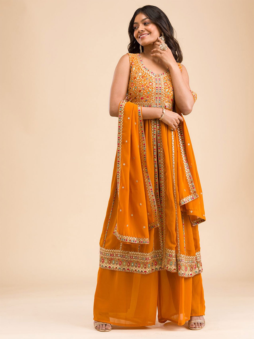 

Koskii Ethnic Motifs Embroidered Empire Sequinned Kurta with Palazzos & Dupatta, Yellow