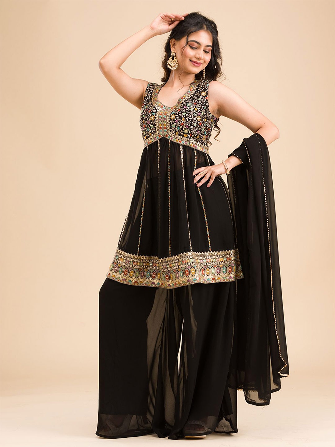 

Koskii Floral Embroidered Kurti with Palazzos, Black