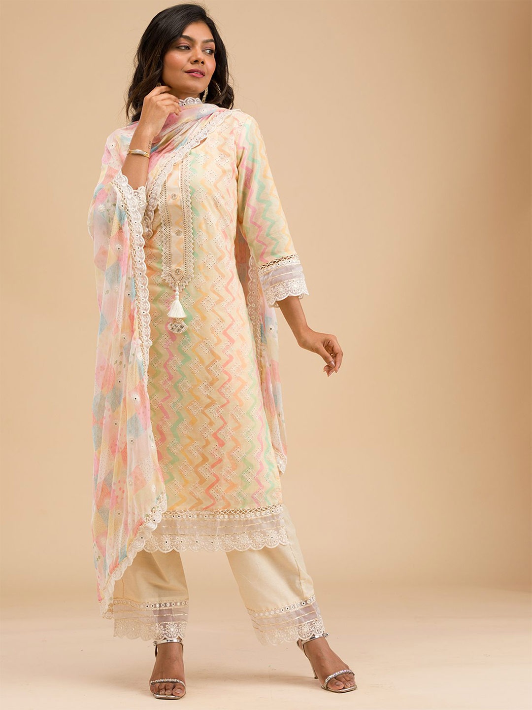 

Koskii Chevron Thread Work Kurta with Salwar & Dupatta, White