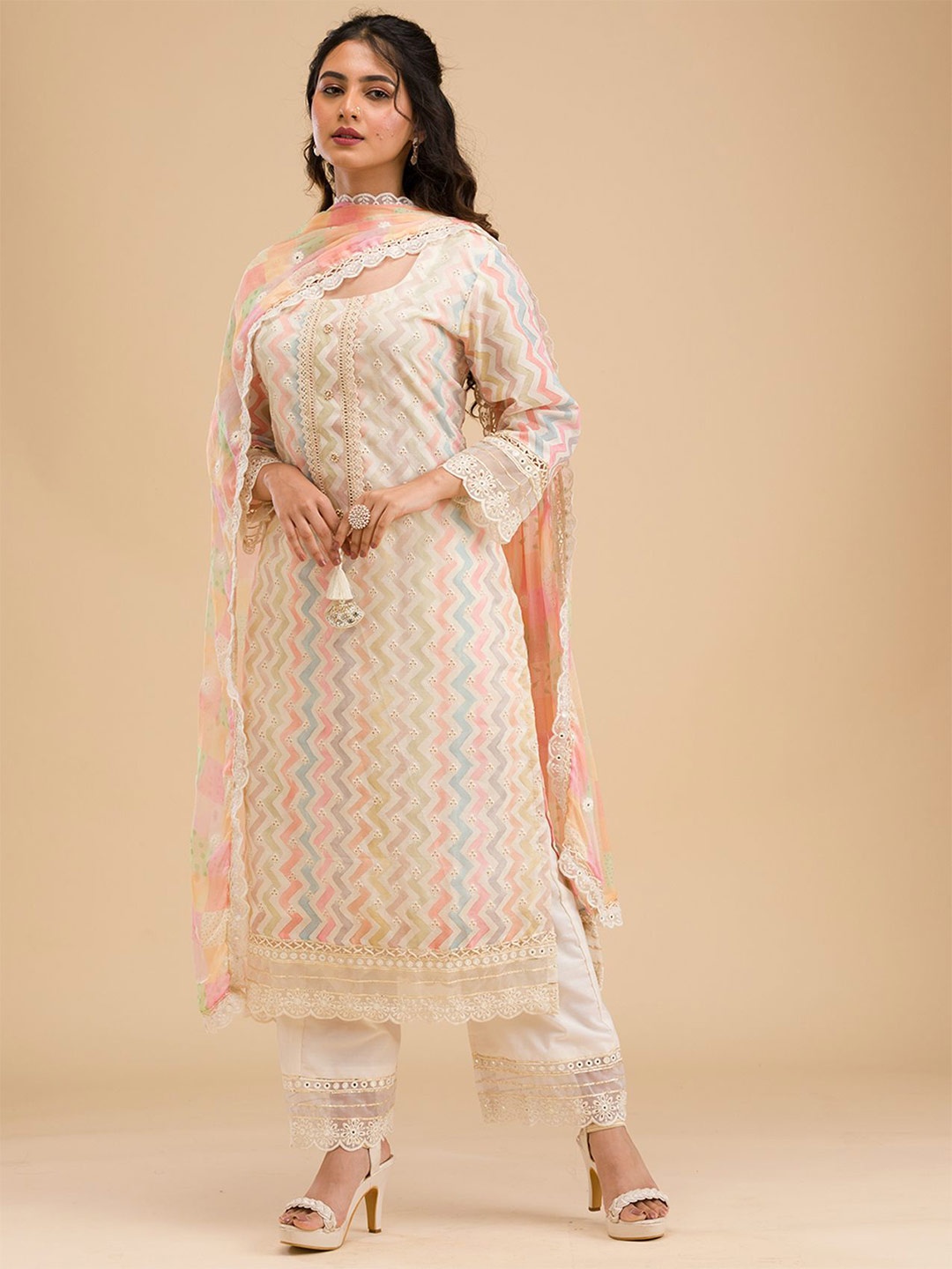 Koskii Chevron Embroidered Thread Work Kurta with Palazzos & Dupatta, White
