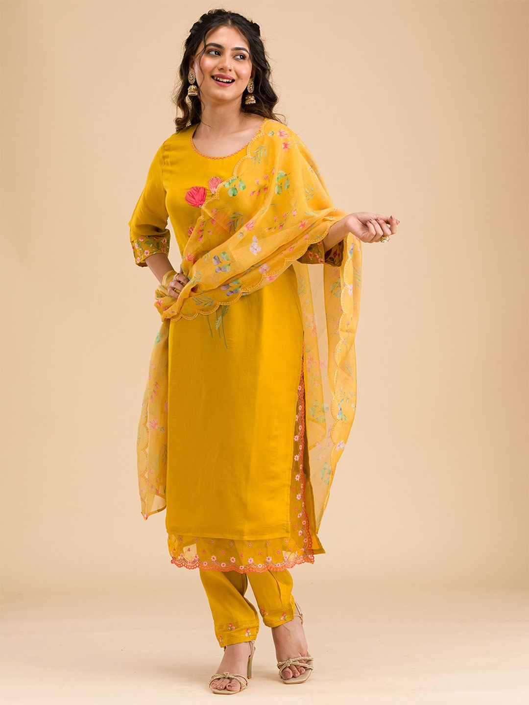 

Koskii Floral Embroidered Kurta with Trousers & Dupatta, Yellow