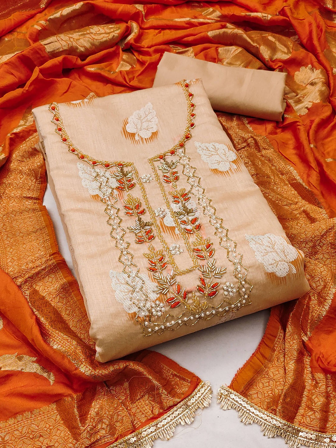 

MAHALASA Floral Embroidered Unstitched Dress Material, Orange