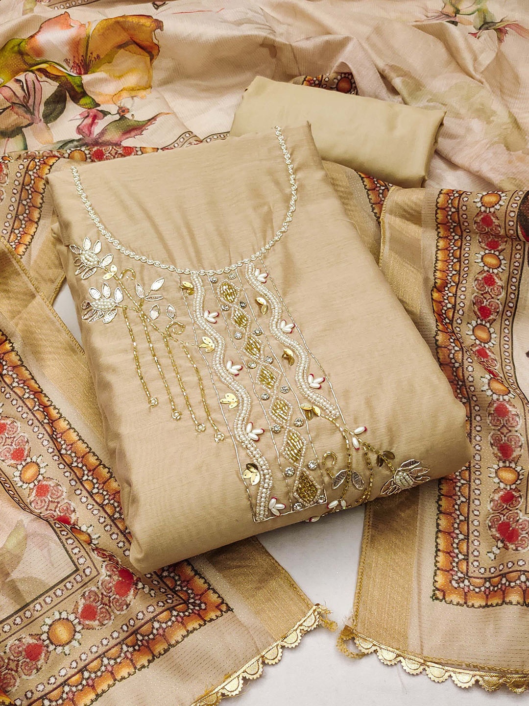 

MAHALASA Ethnic Motifs Embroidered Beads and Stones Unstitched Dress Material, Brown
