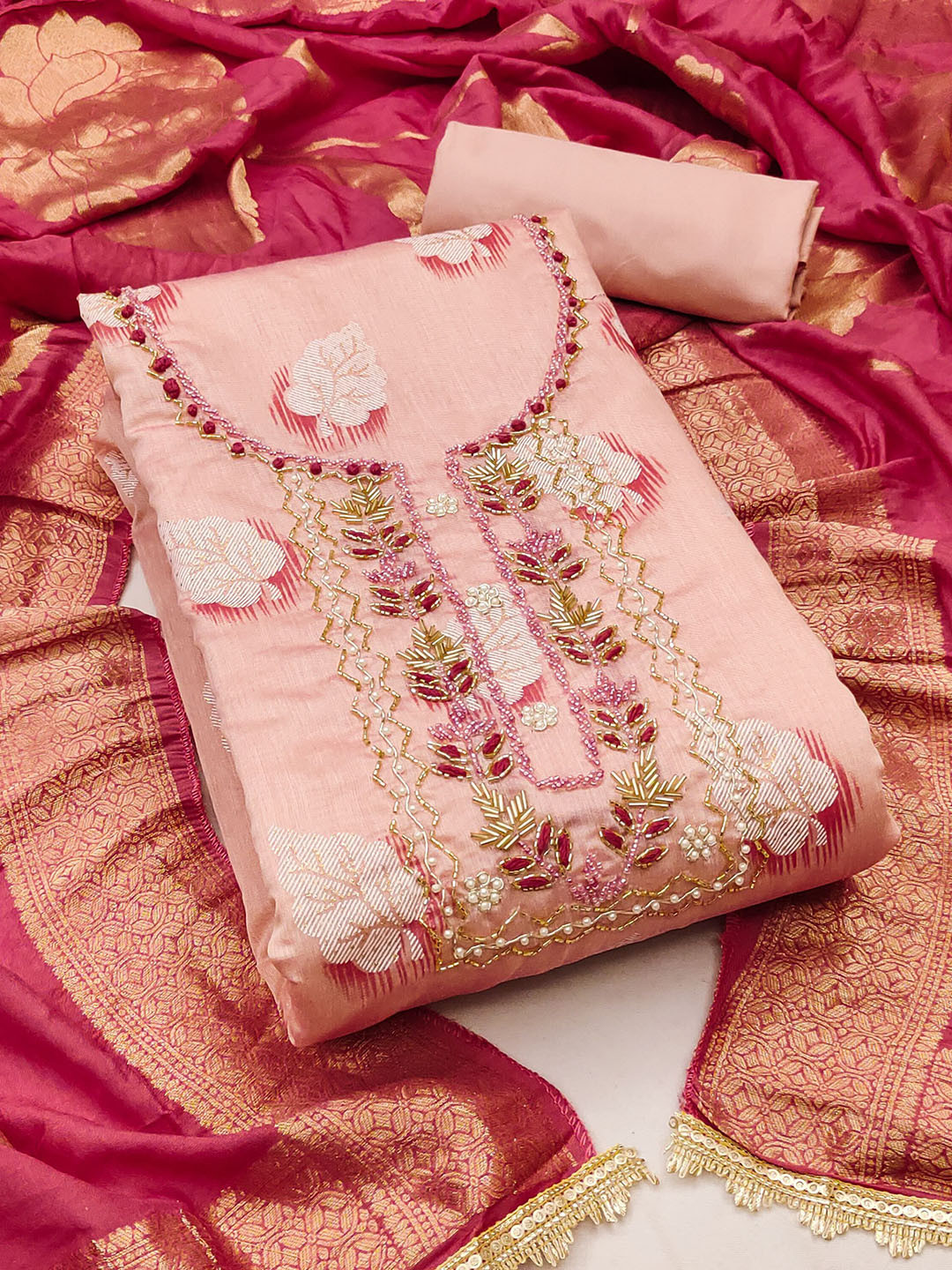 

MAHALASA Floral Embroidered Unstitched Dress Material, Pink