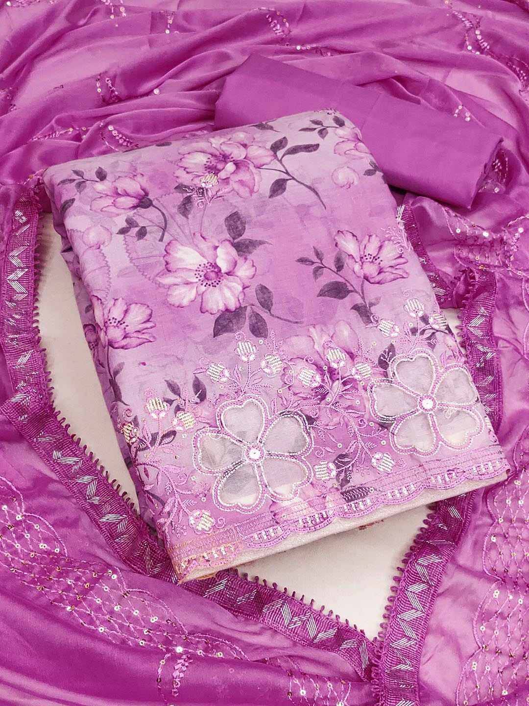 

MAHALASA Floral Printed Sequinned Unstitched Dress Material, Purple