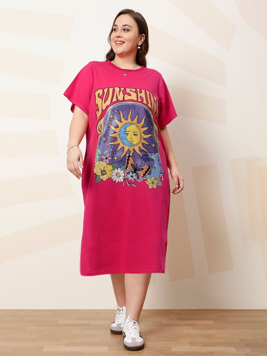 

Athena Ample Print T-shirt Midi Dress, Fuchsia