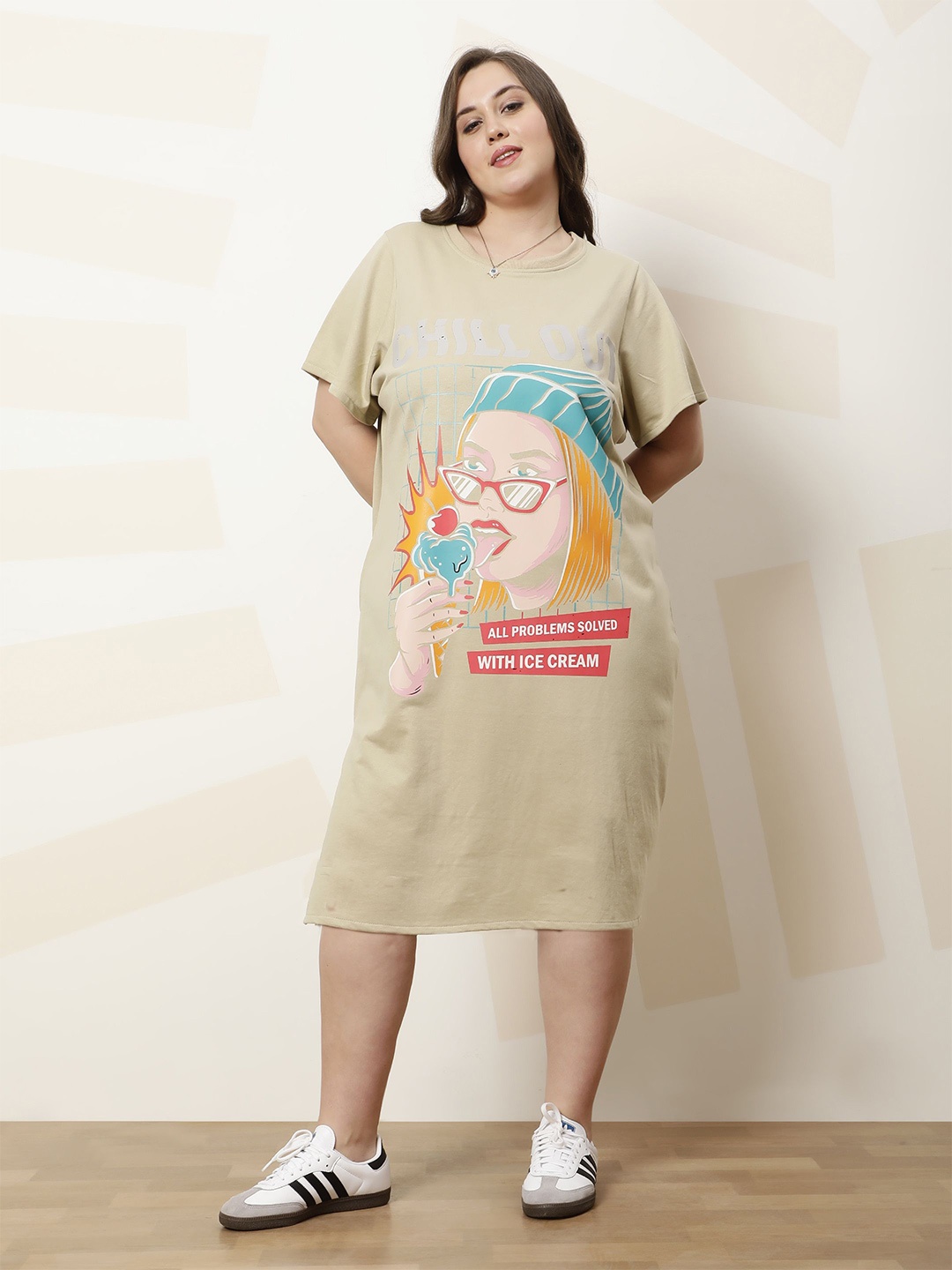 

Athena Ample Printed Cotton T-shirt Midi Dress, Beige