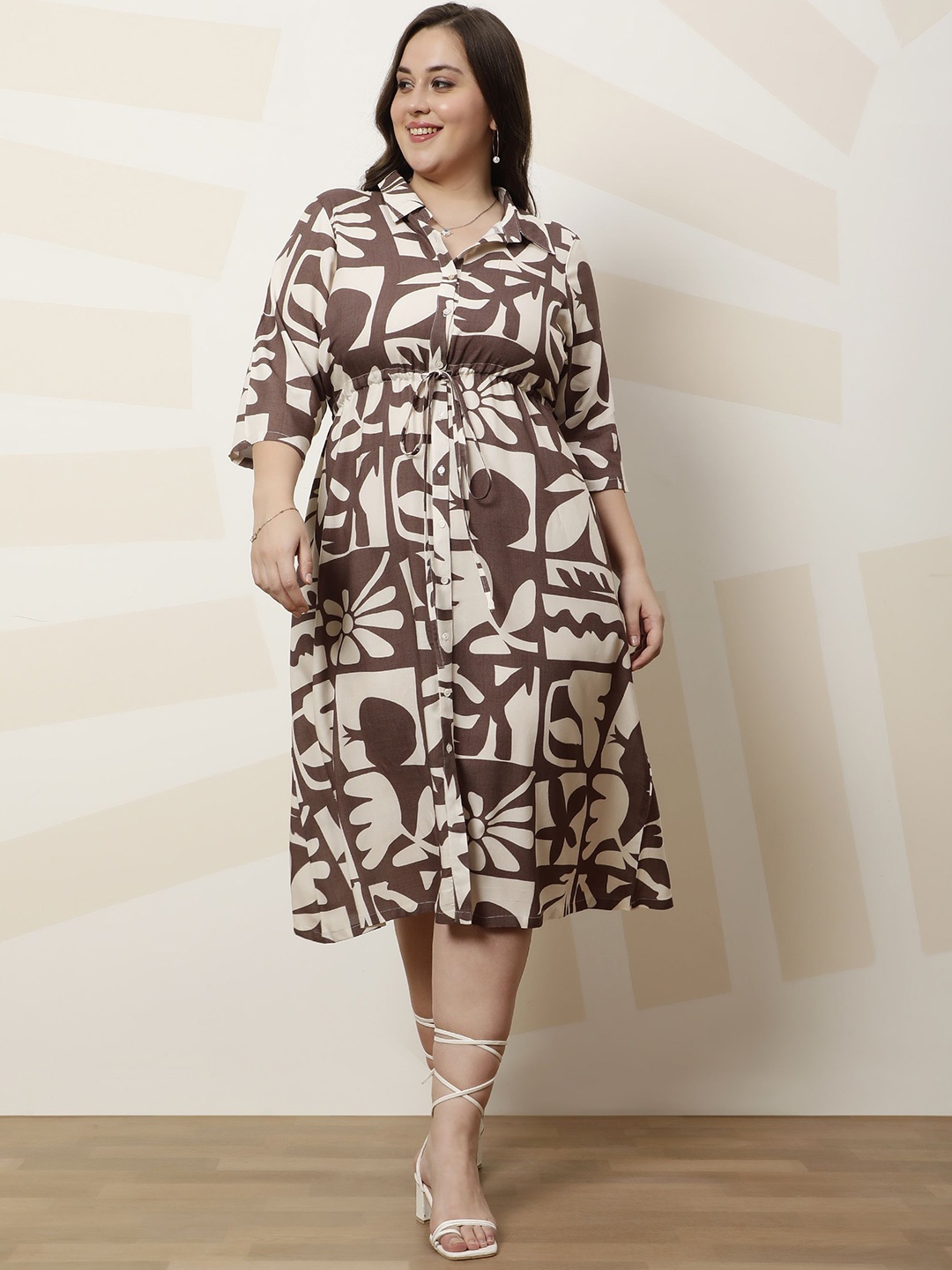

Athena Ample Plus Size Printed Shirt Collar Fit and Flare Midi Dress, Brown