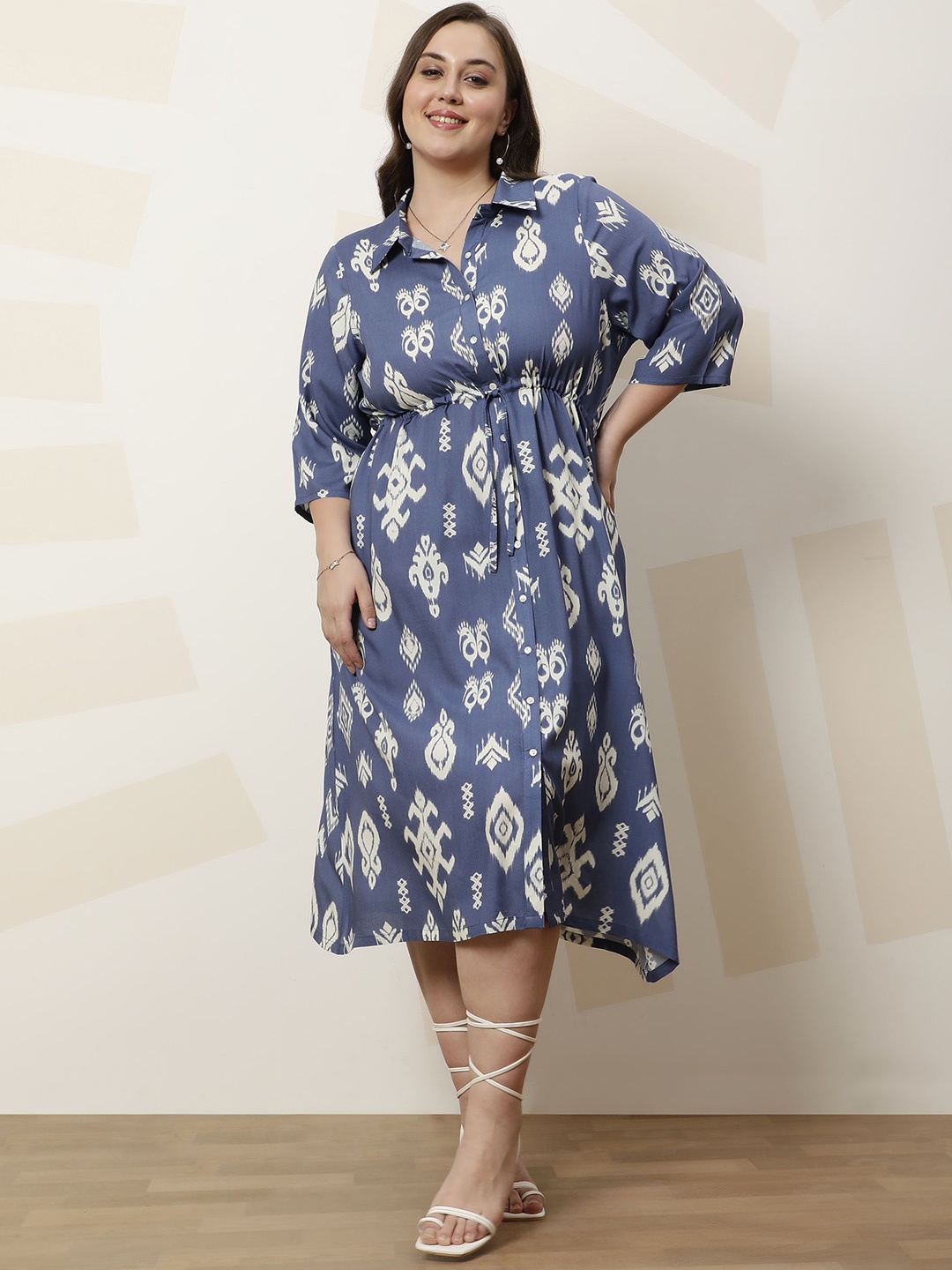 

Athena Ample Plus Size Ethnic Motifs Printed Shirt Midi Ethnic Dress, Blue
