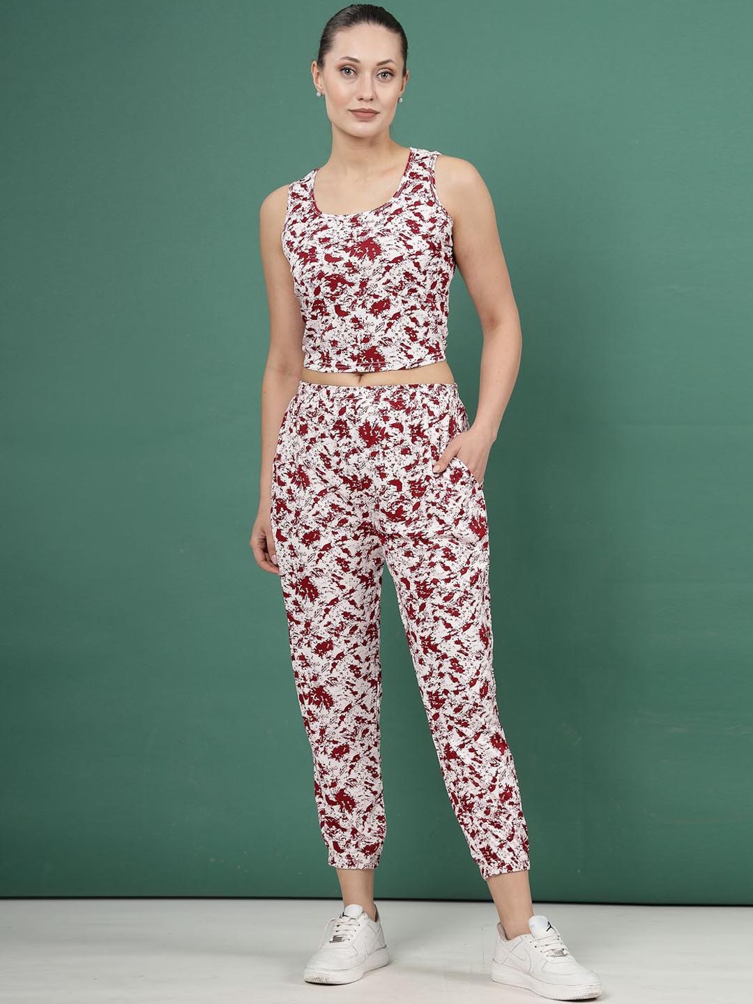 

Clora Creation Abstract Printed Top With Jogger, Maroon