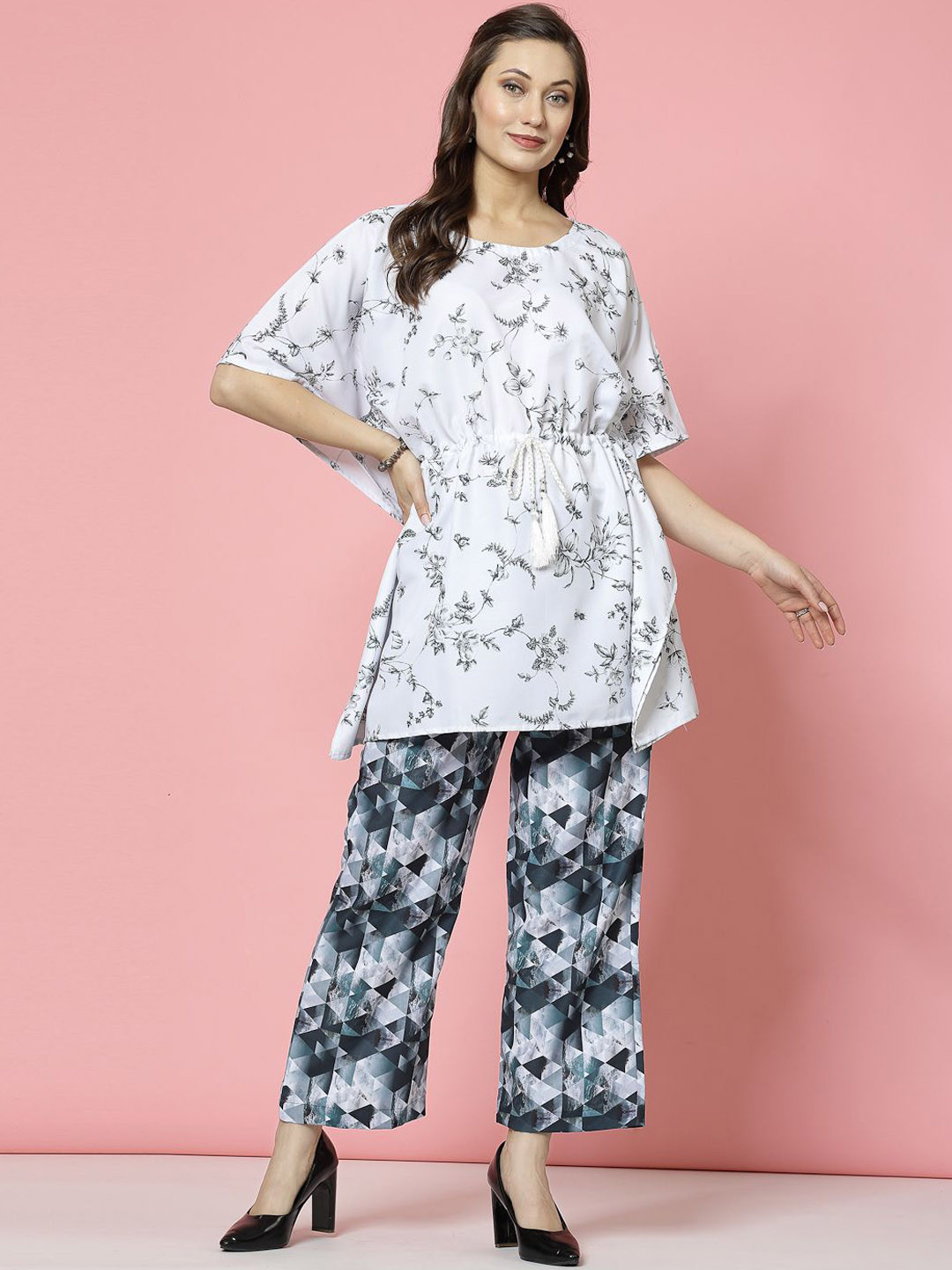 

Clora Creation Printed Round Neck Kaftan-Top With Trousers, White