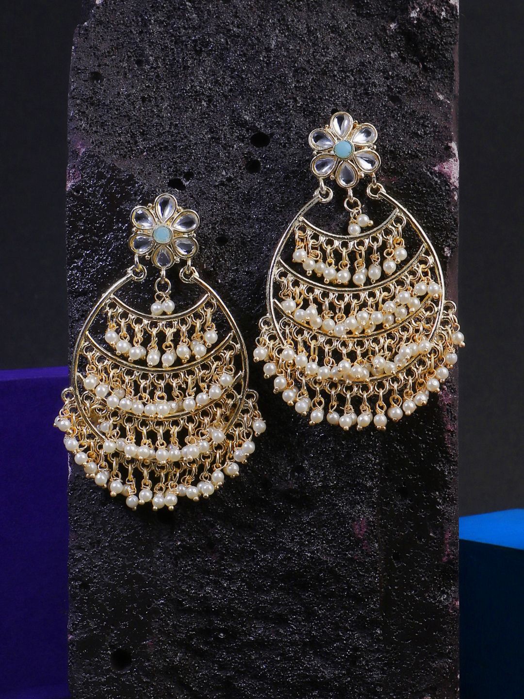 

Adwitiya Collection Gold-Plated Stone-Studded & Pearl-Beaded Classic Chandbalis