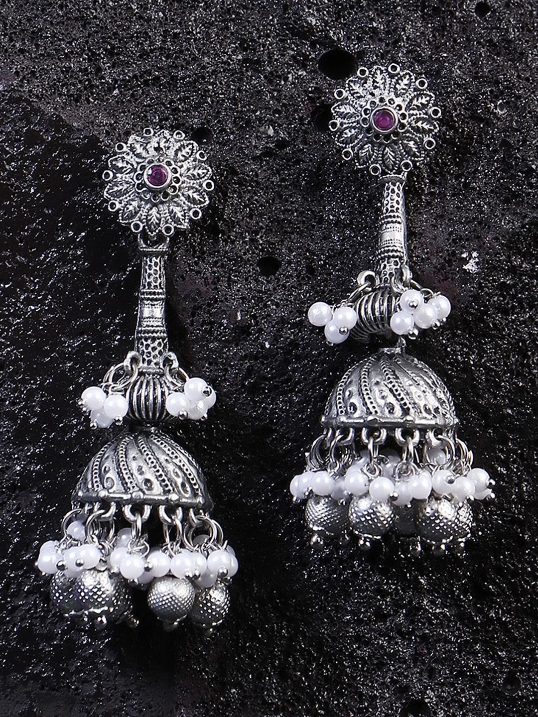 

Adwitiya Collection Silver-Plated Stone-Studded & Pearl-Beaded Dome Shaped Jhumkas