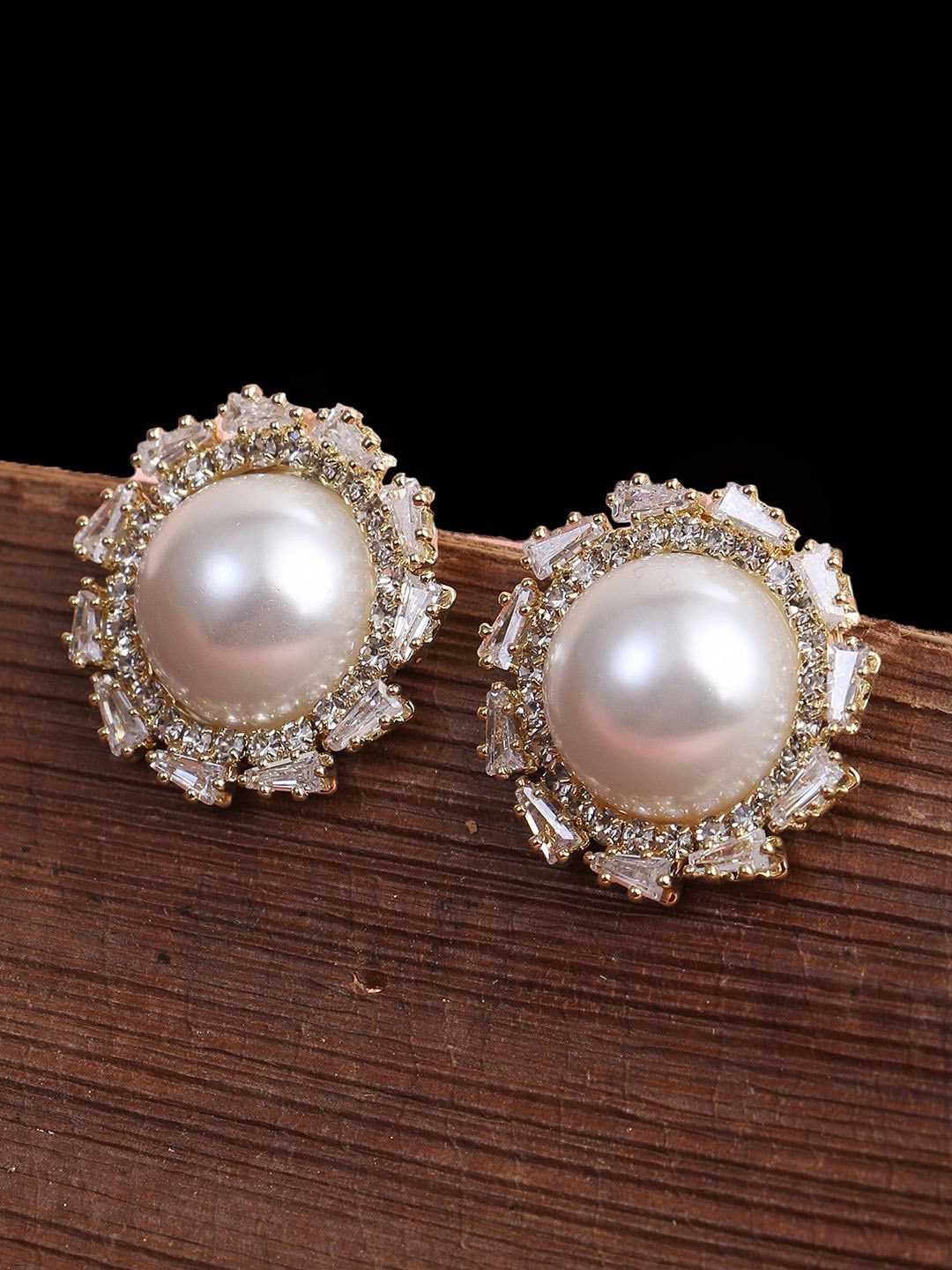 

Adwitiya Collection Silver-Plated Stone-Studded & Pearl-Beaded Classic Studs Earrings, Gold