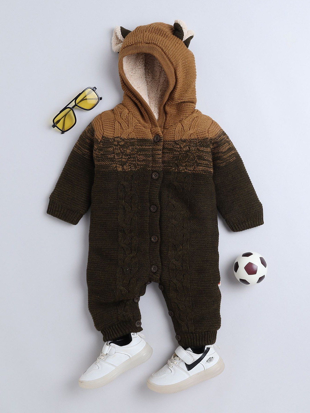 

Yellow Apple Infants Self- Design Woolen Hooded Neck Romper, Coffee brown