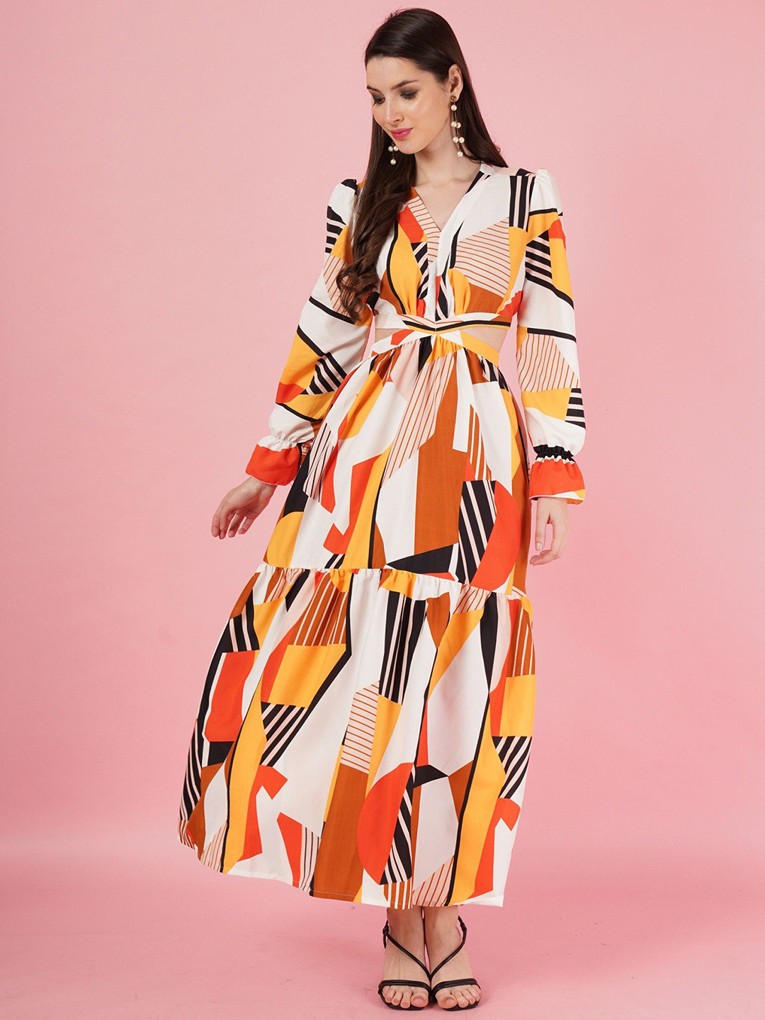 

Femvy Printed Bell Sleeves Cut-Outs Details Fit and Flare Maxi Dress, Yellow
