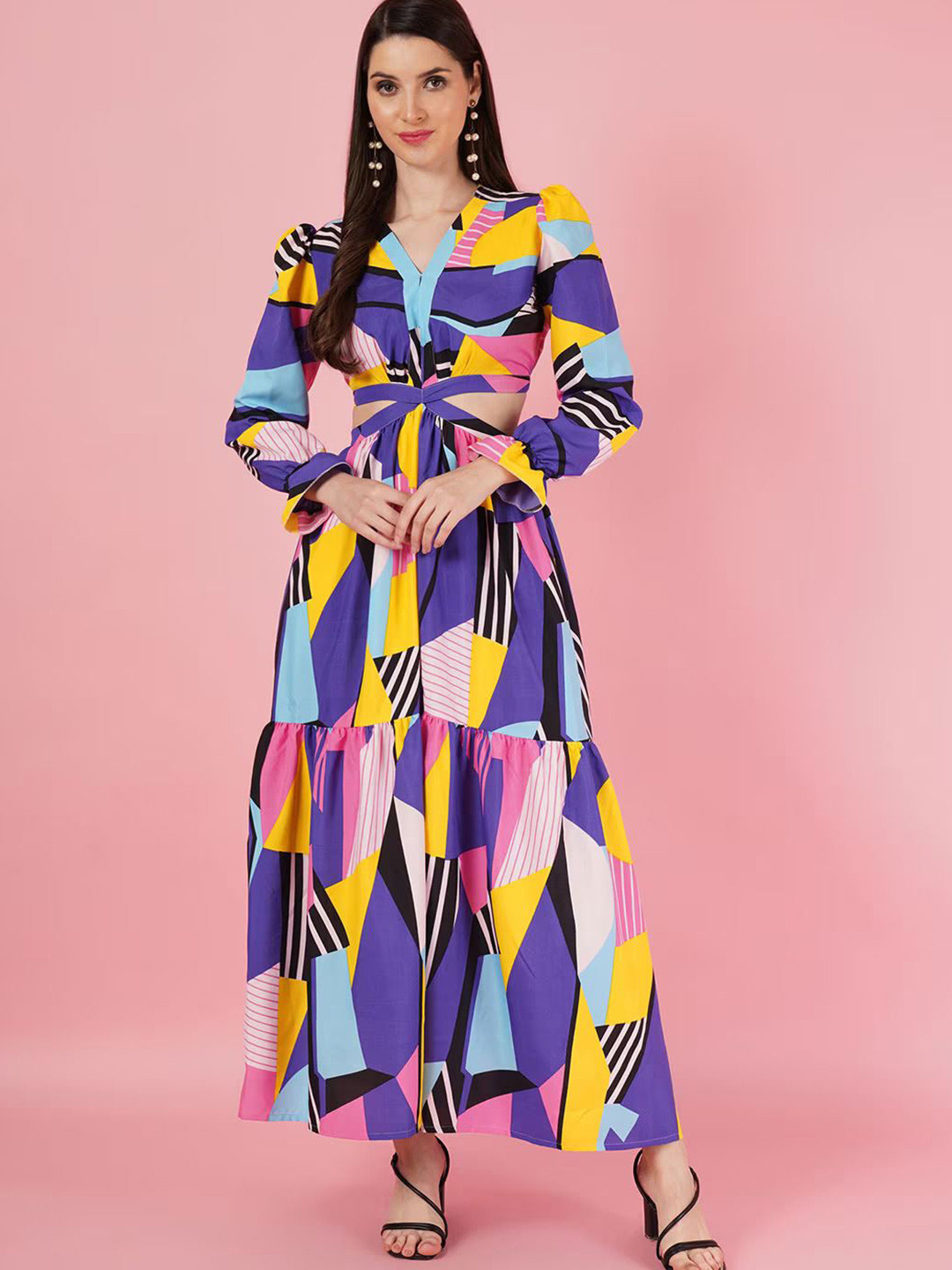 

Femvy Printed Applique Bell Sleeves Maxi Dress, Purple