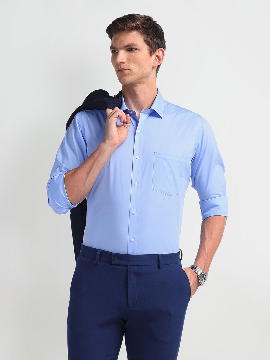 

Arrow Men Spread Collar Solid Cotton Formal Shirt, Blue
