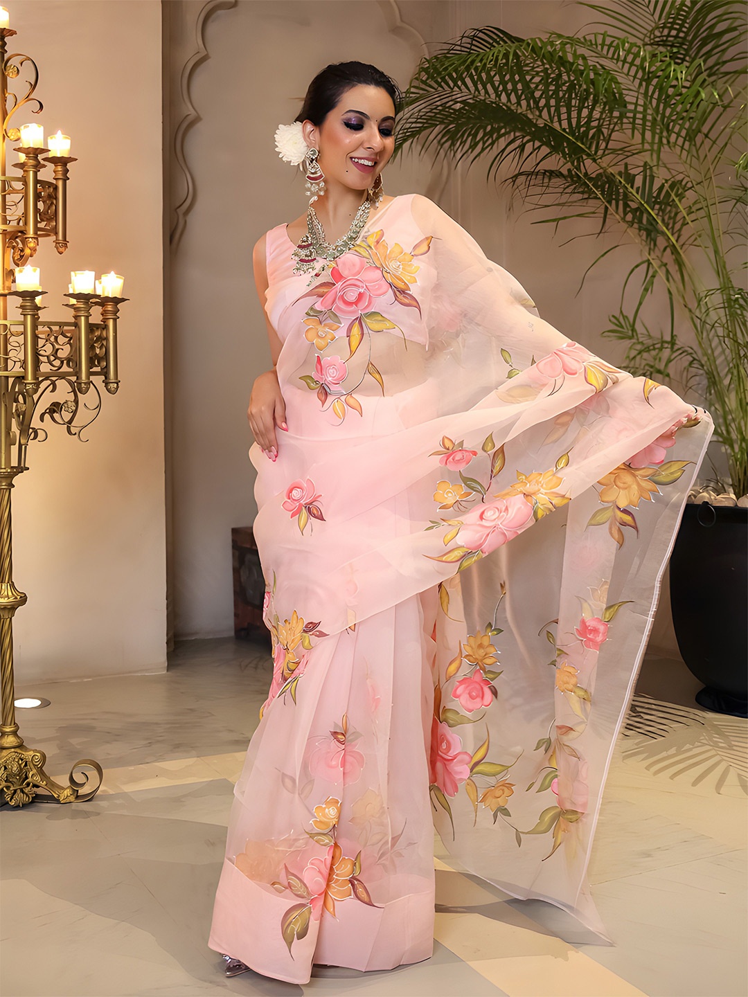 

Anouk Floral Saree with Blouse, Peach
