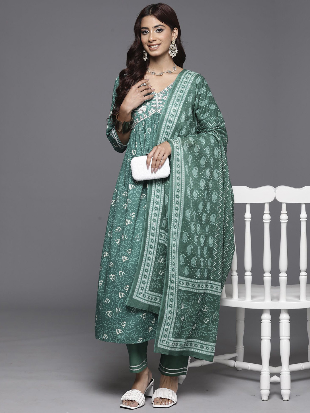 

Indo Era Floral Embroidered A-Line Pure Cotton Kurta with Trousers & Dupatta, Green