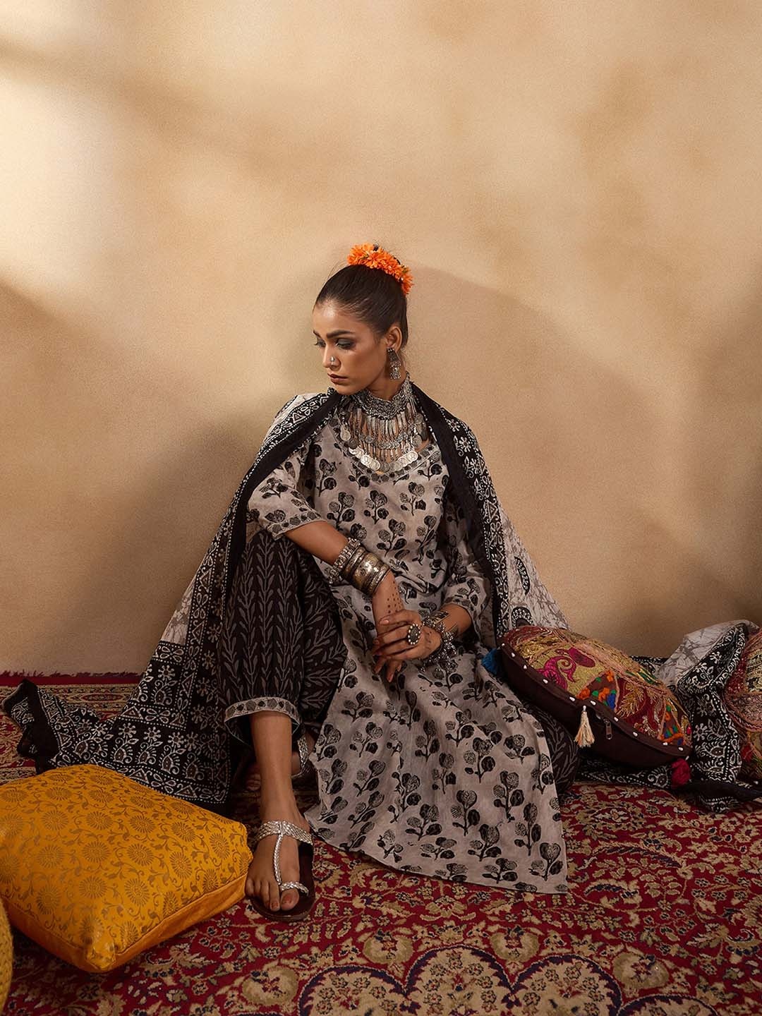 

Indo Era Floral Printed Straight Pure Cotton Kurta with Trousers & Dupatta, Grey