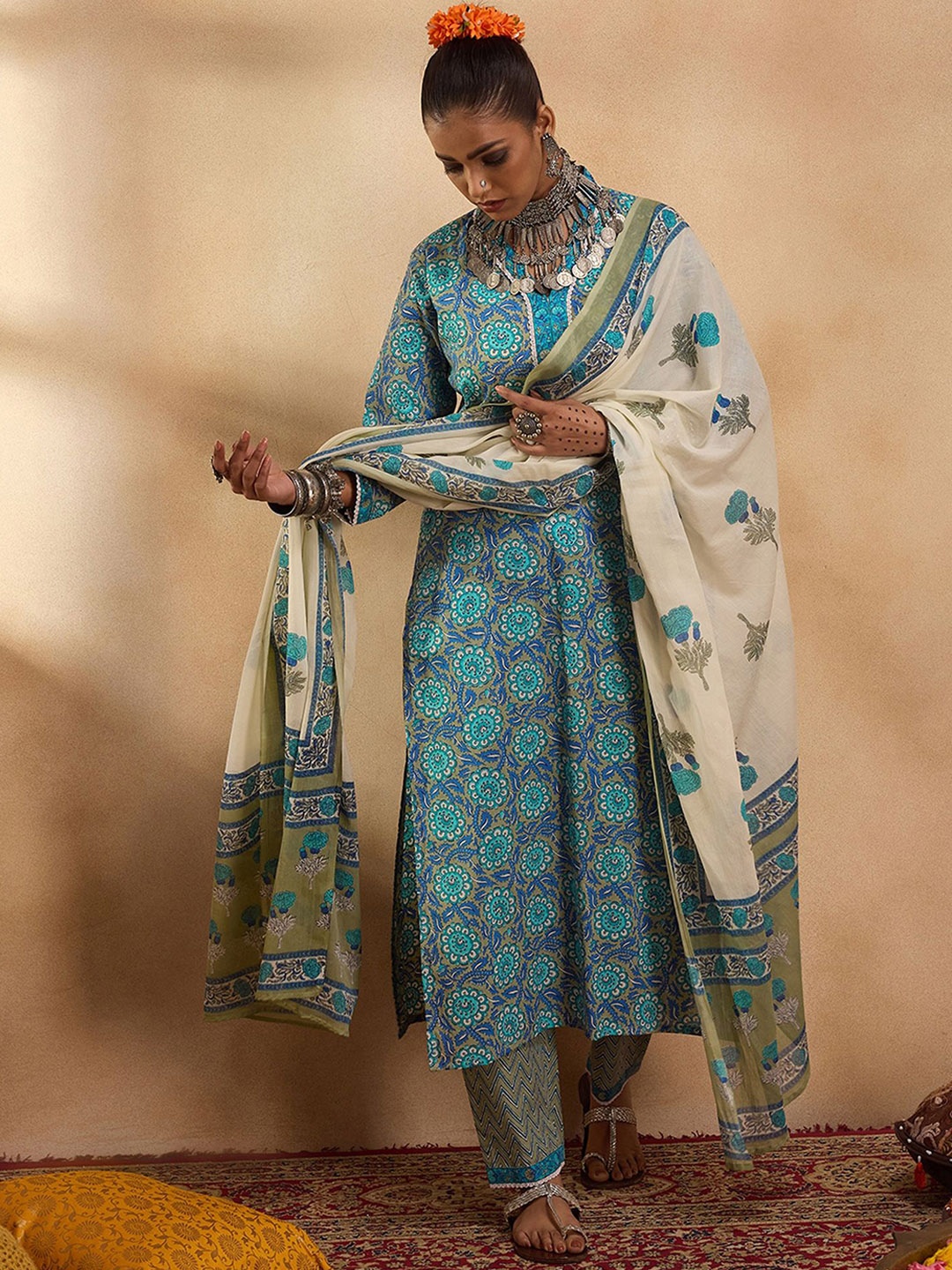 

Indo Era Floral Printed Straight Pure Cotton Kurta with Trousers & Dupatta, Blue