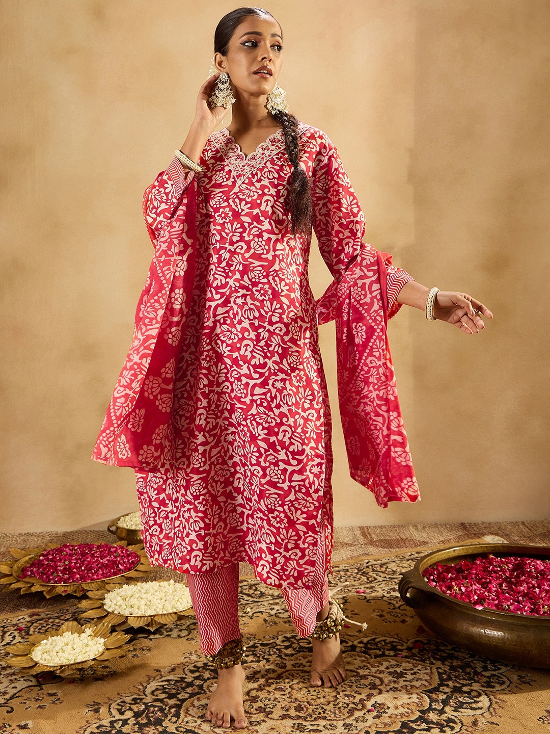 

Indo Era Floral Printed Straight Thread Work Kurta with Trousers & Dupatta, Red