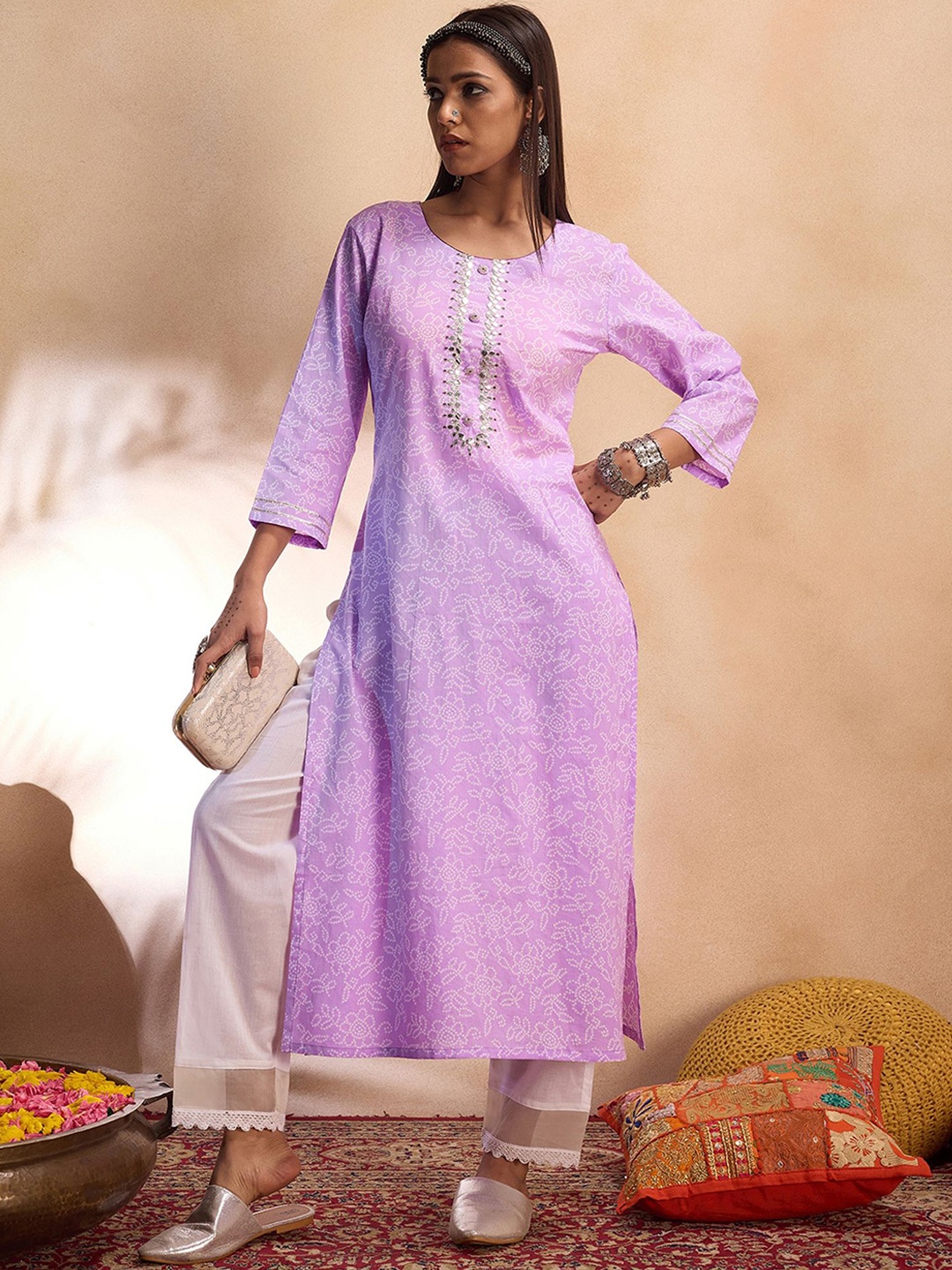 

Indo Era Ethnic Motifs Printed Mirror Work Cotton Straight Kurta, Lavender