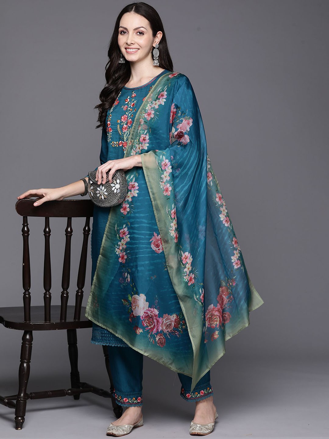 Indo Era Floral Embroidered Thread Work Straight Kurta With Trousers & Dupatta, Blue