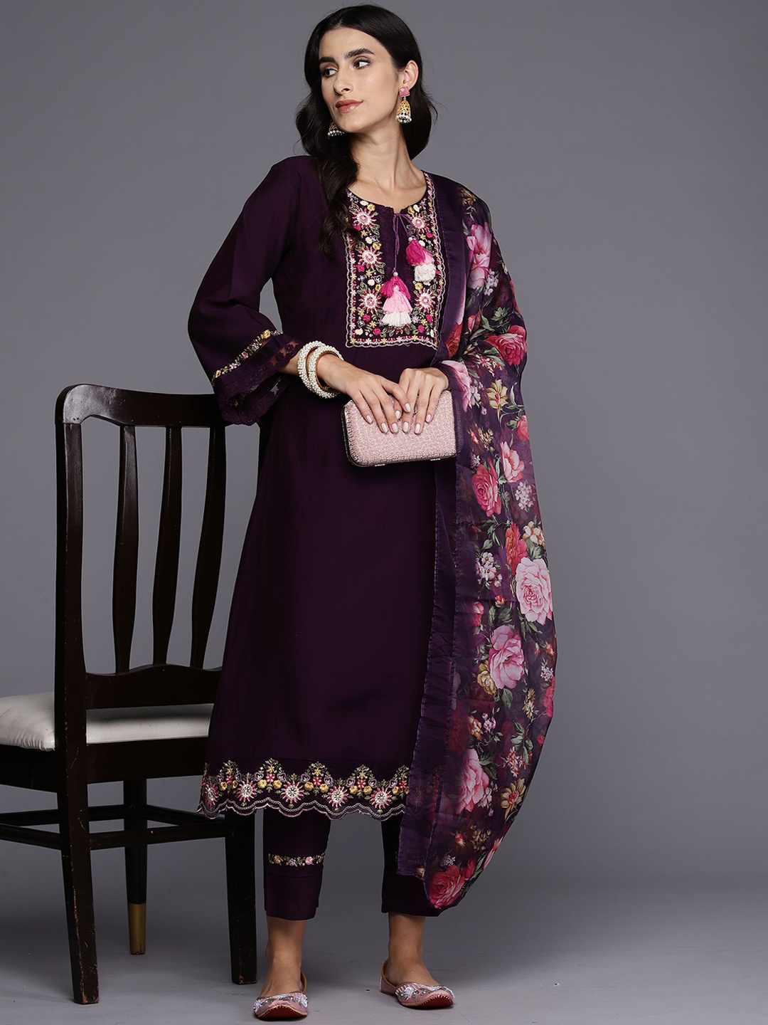 

Indo Era Ethnic Motifs Embroidered Straight Thread Work Kurta With Trousers & Dupatta, Purple