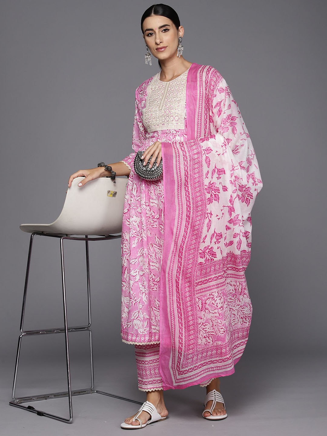 

Indo Era Floral Printed A-Line Sequinned Pure Cotton Kurta with Trousers & Dupatta, Pink