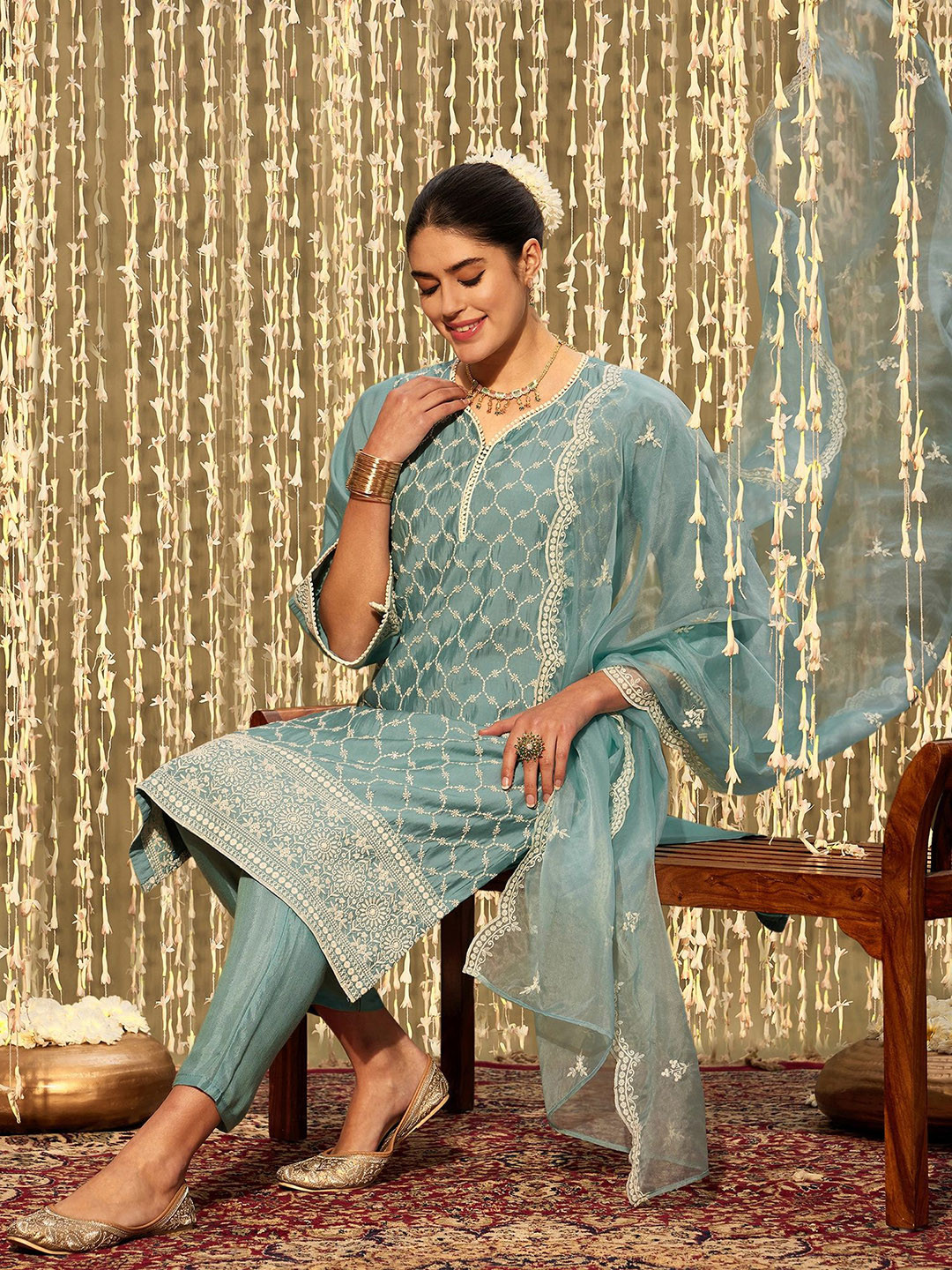 

Indo Era Floral Embroidered Straight Thread Work Kurta with Trousers & Dupatta, Blue