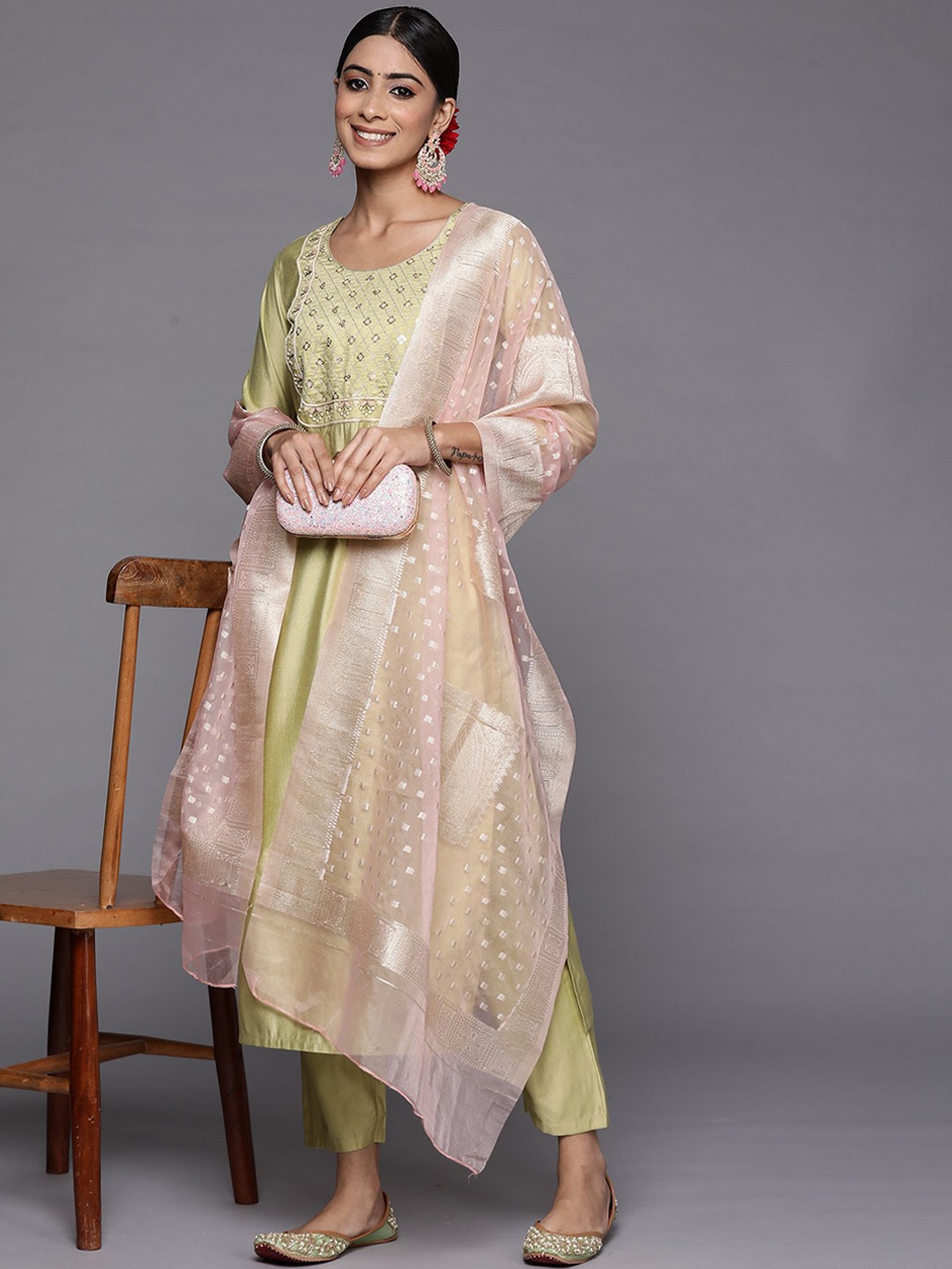 

Indo Era Ethnic Motifs Embroidered Straight Sequinned Liva Kurta with Trousers & Dupatta, Olive