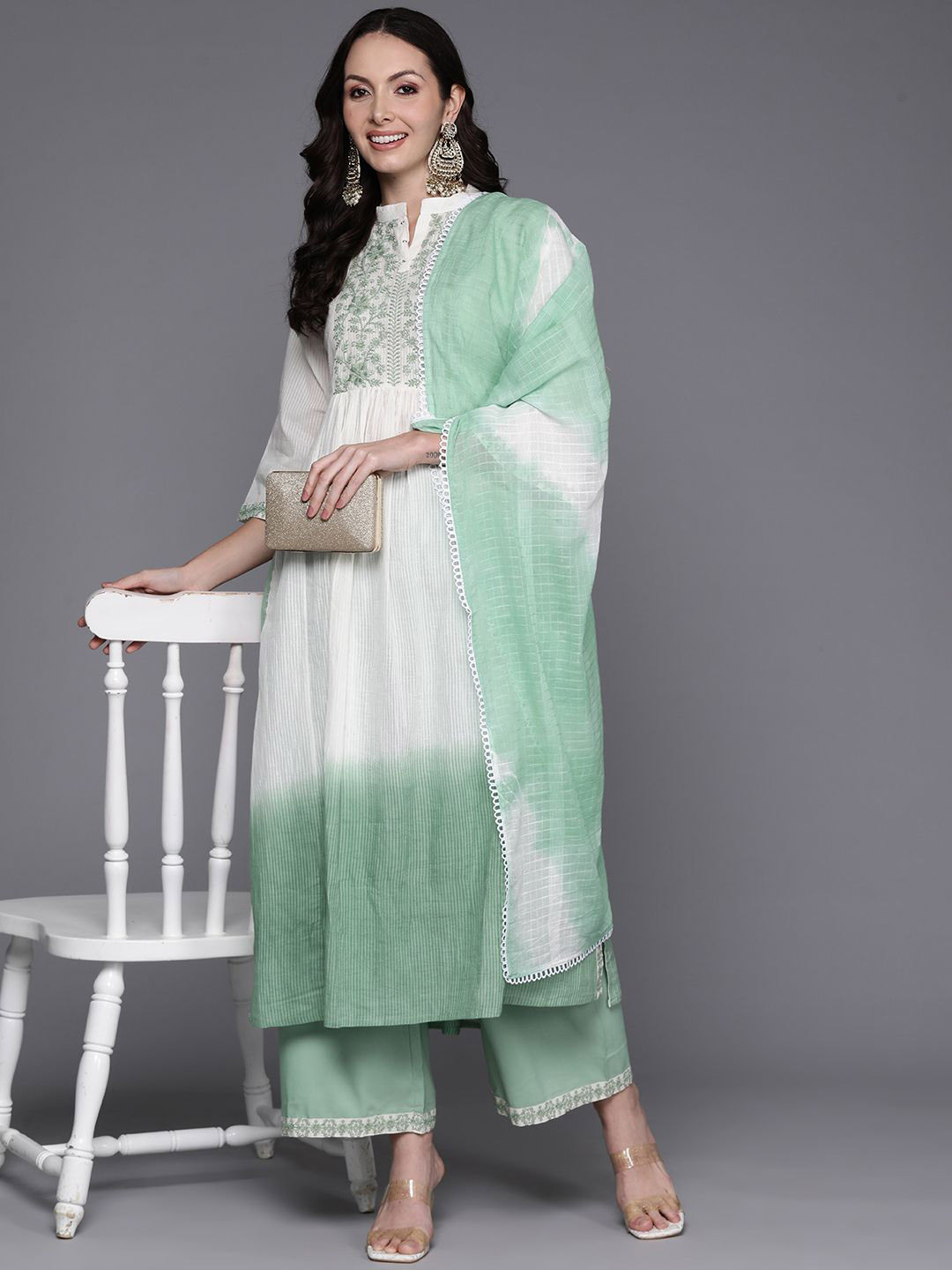 

Indo Era Ethnic Motifs Embroidered Thread Work Pure Cotton Kurta with Trousers & Dupatta, Green