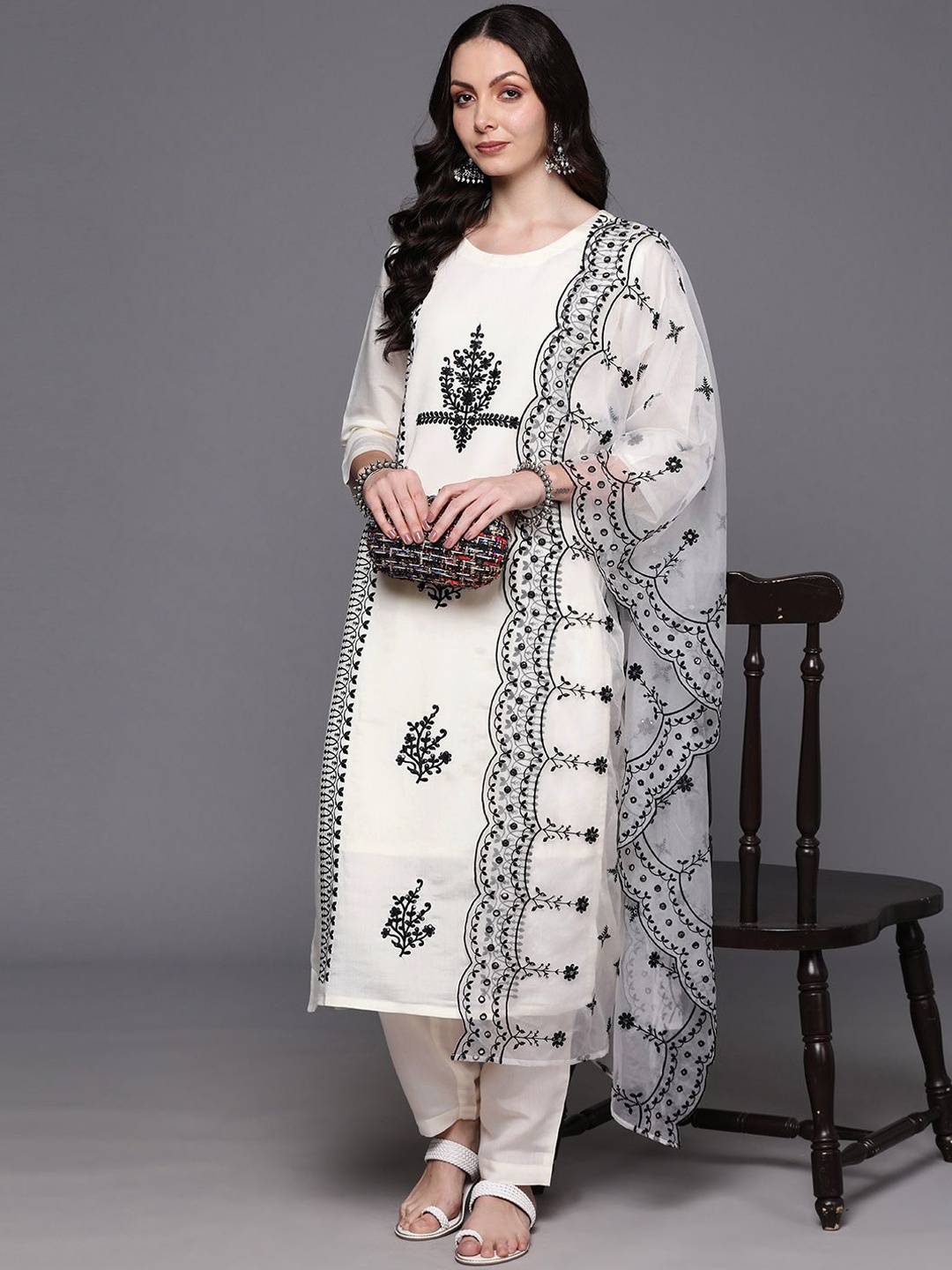 

Indo Era Ethnic Motifs Embroidered Straight Thread Work Kurta with Trousers & Dupatta, White