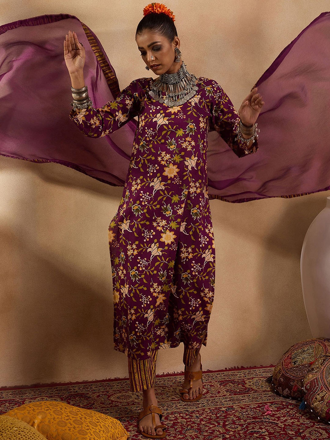 

Indo Era Floral Printed Straight Pure Cotton Kurta with Trousers & Dupatta, Purple