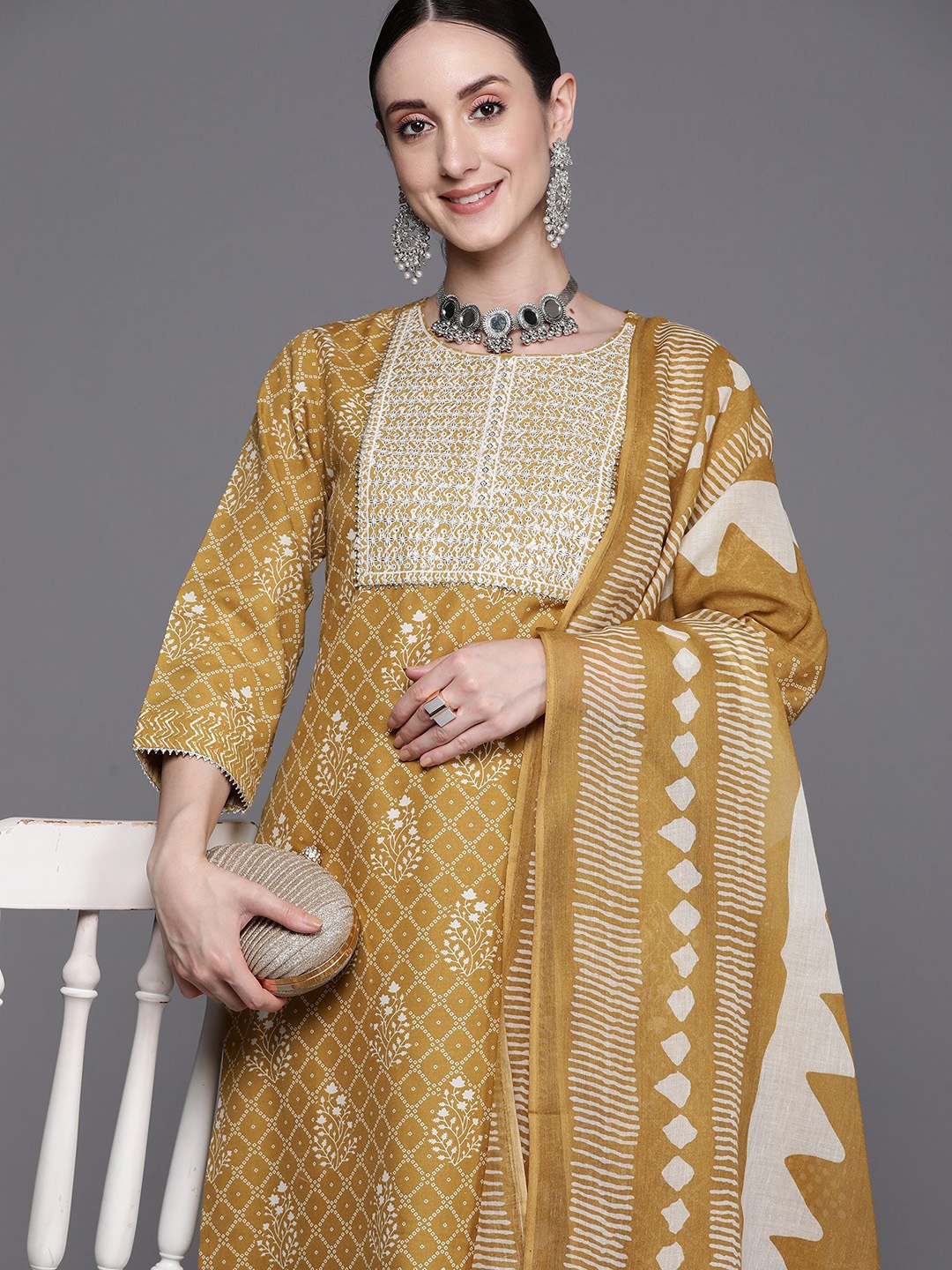 

Indo Era Ethnic Motifs Embroidered Pure Cotton Straight Kurta With Trousers & Dupatta, Mustard