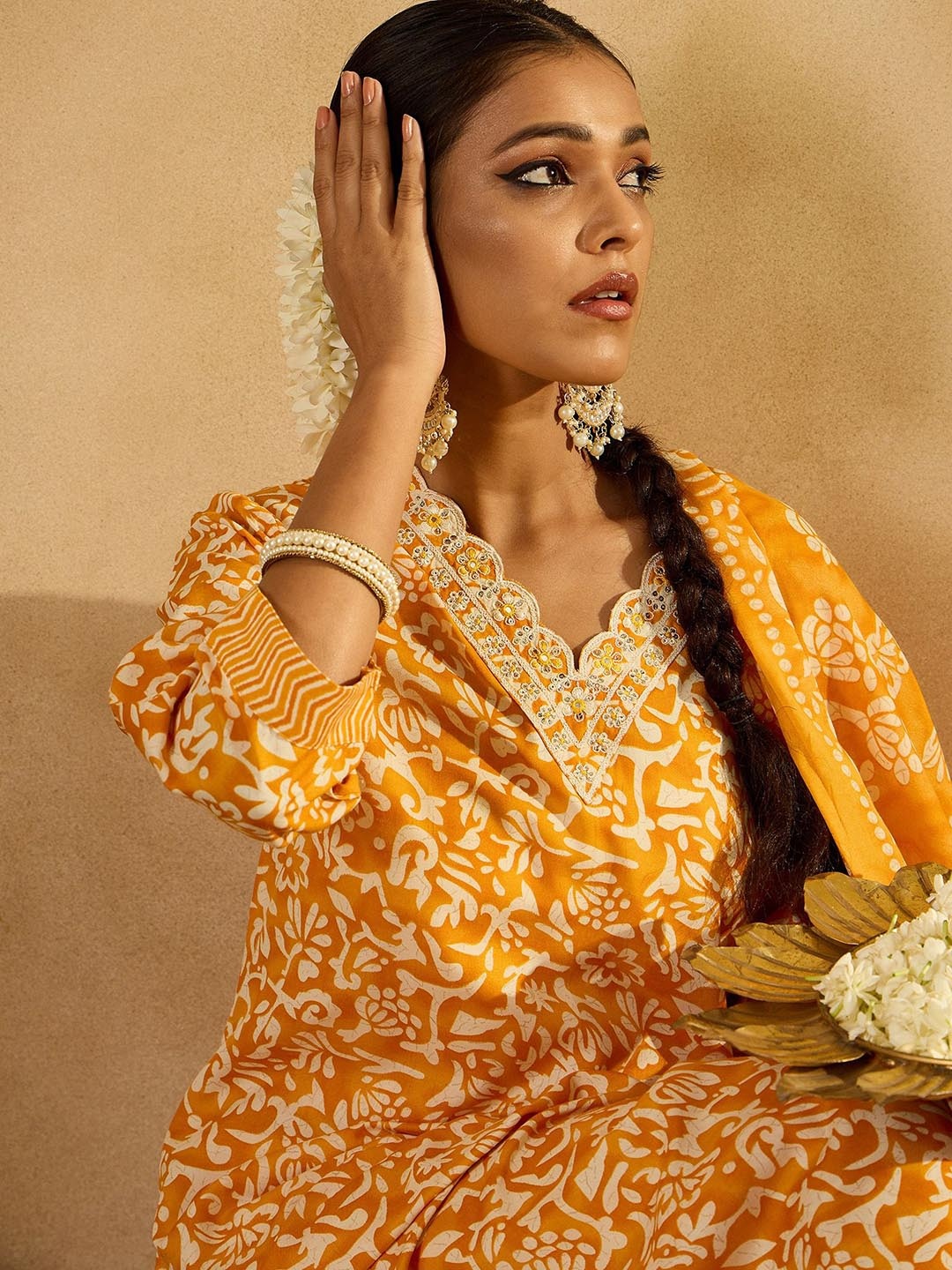 

Indo Era Floral Printed Thread Work Straight Kurta With Trousers & Dupatta, Mustard