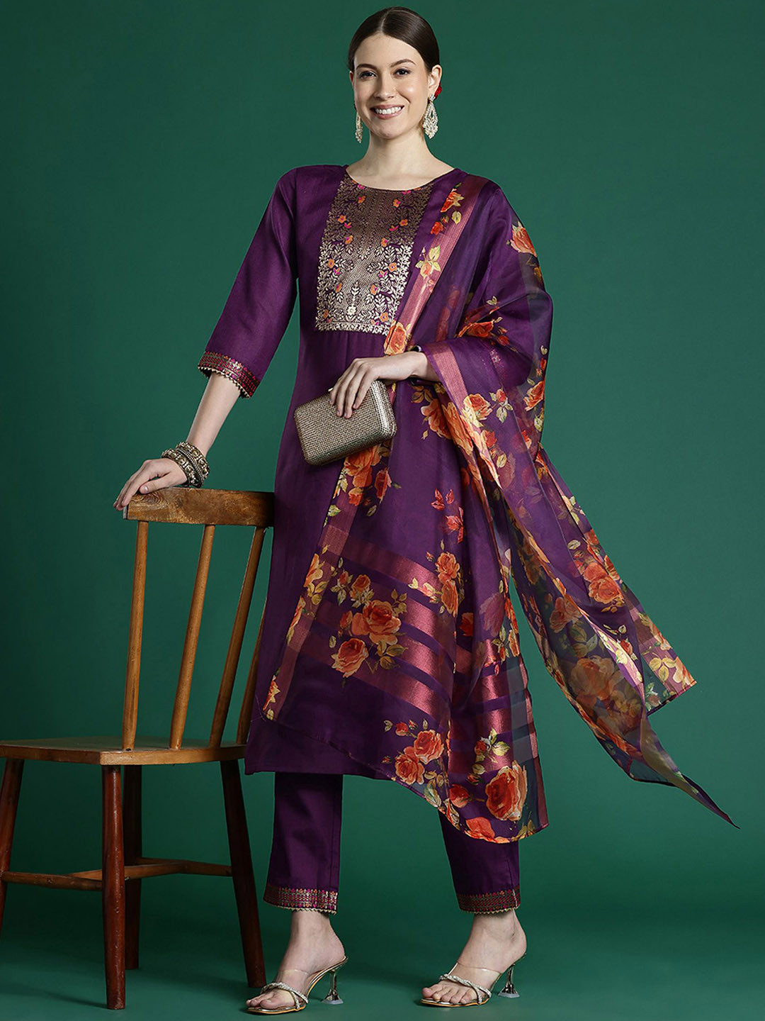 

Indo Era Yoke Design Straight Pure Cotton Kurta with Trousers & Dupatta, Purple