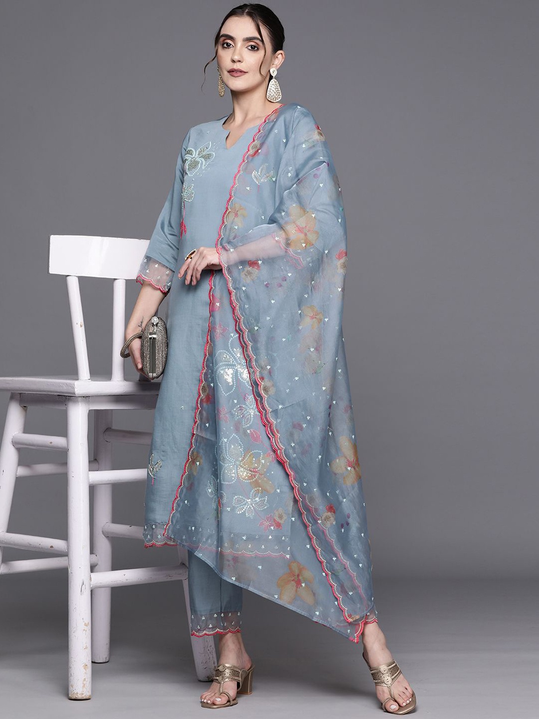 

Indo Era Floral Embroidered Straight Sequinned Kurta with Trousers & Dupatta, Blue