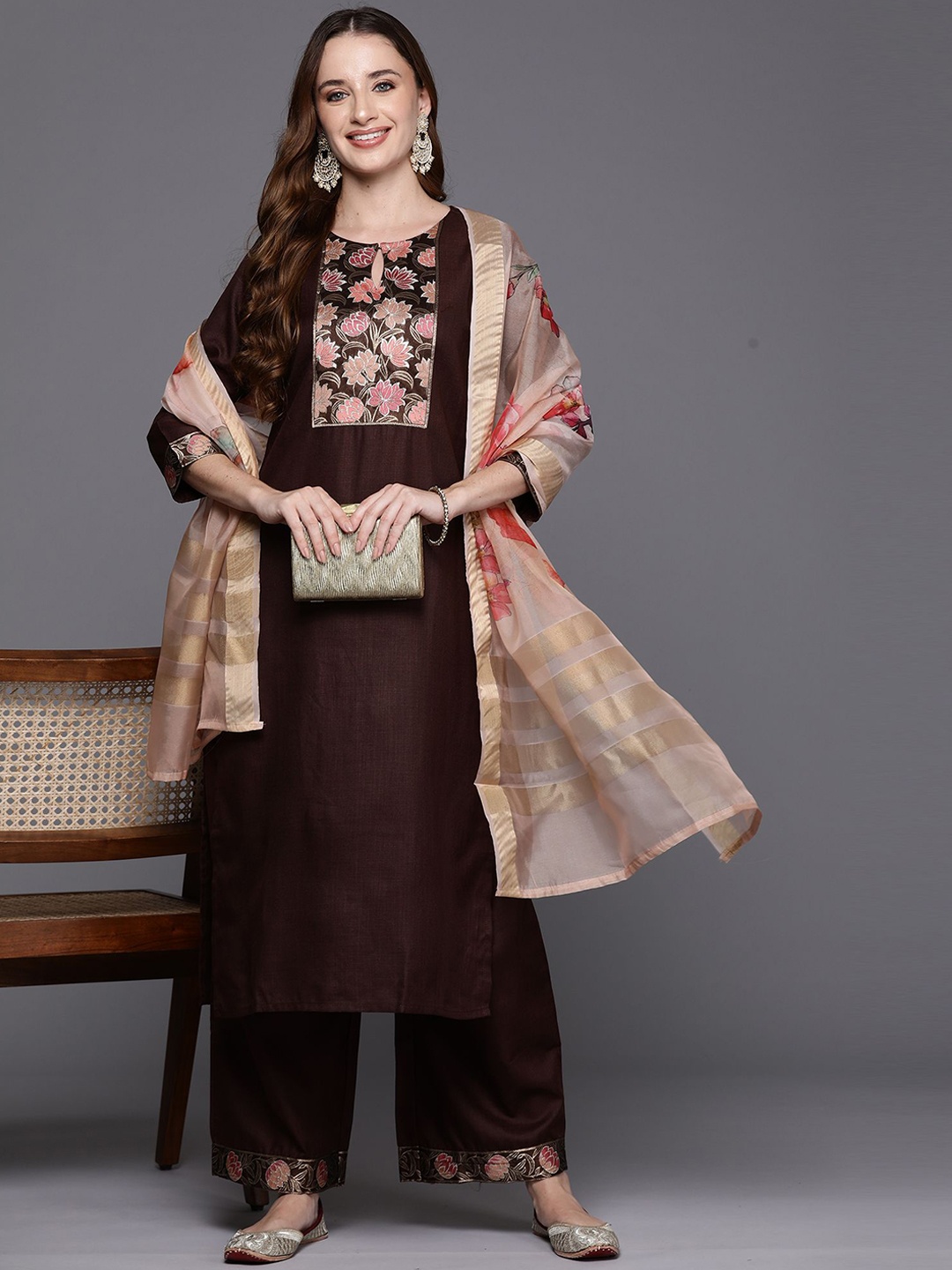 

Indo Era Floral Yoke Design Straight Pure Cotton Kurta with Palazzos & Dupatta, Brown