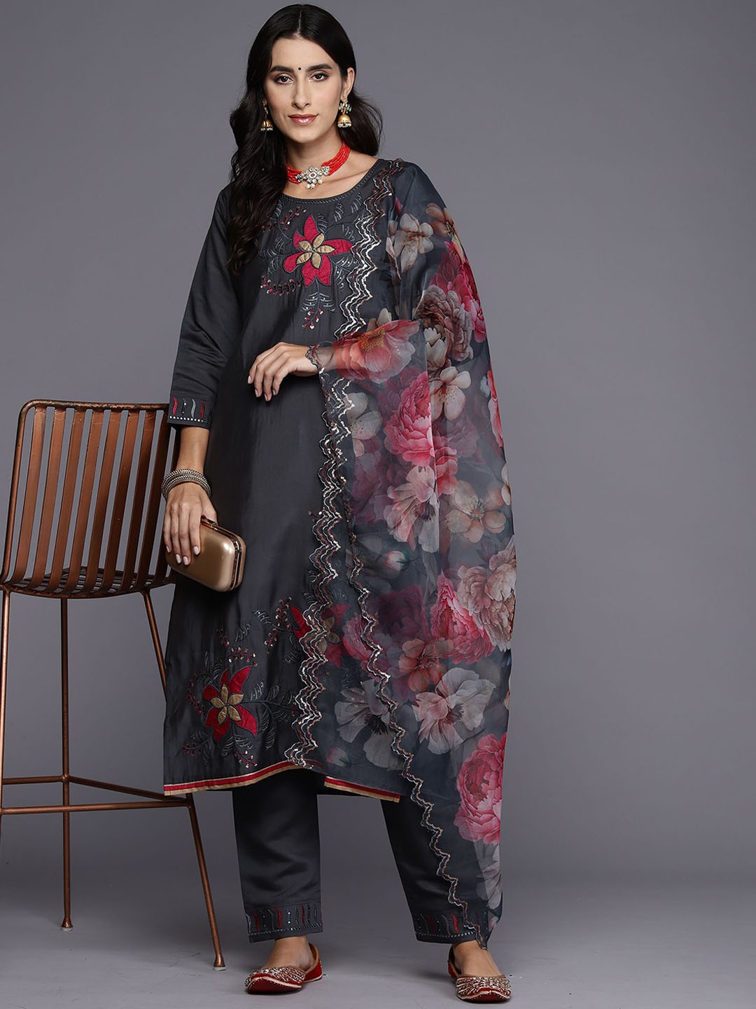 Indo Era Floral Embroidered Thread Work Straight Kurta With Trousers & Dupatta, Grey