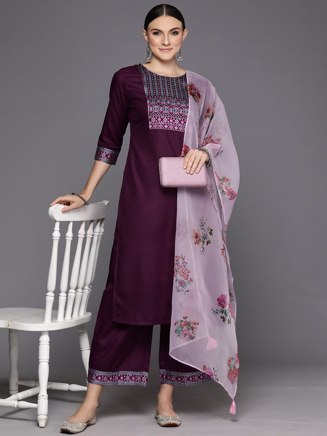 

Indo Era Floral Yoke Design Straight Kurta with Palazzos & Dupatta, Purple