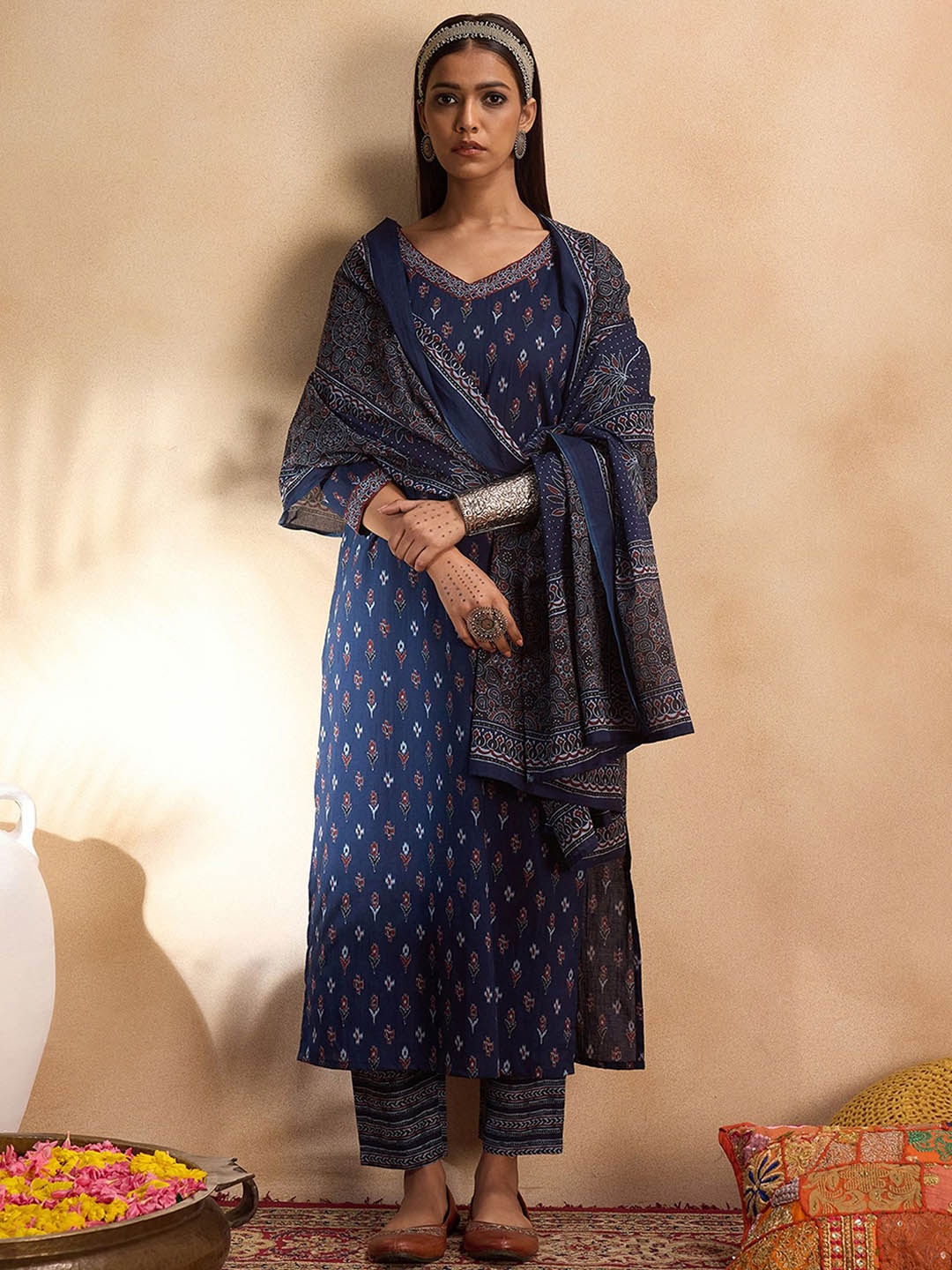 

Indo Era Ethnic Motifs Printed Pure Cotton Straight Kurta With Trousers & Dupatta, Blue