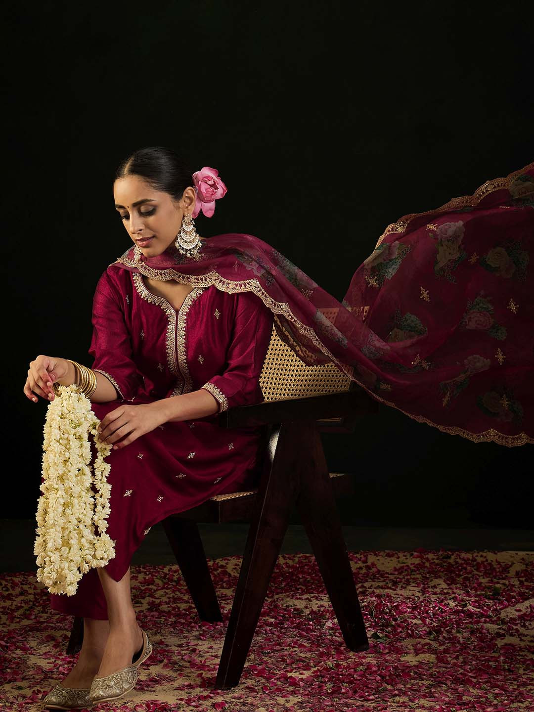 

Indo Era Floral Embroidered Straight Kurta with Trousers & Dupatta, Maroon