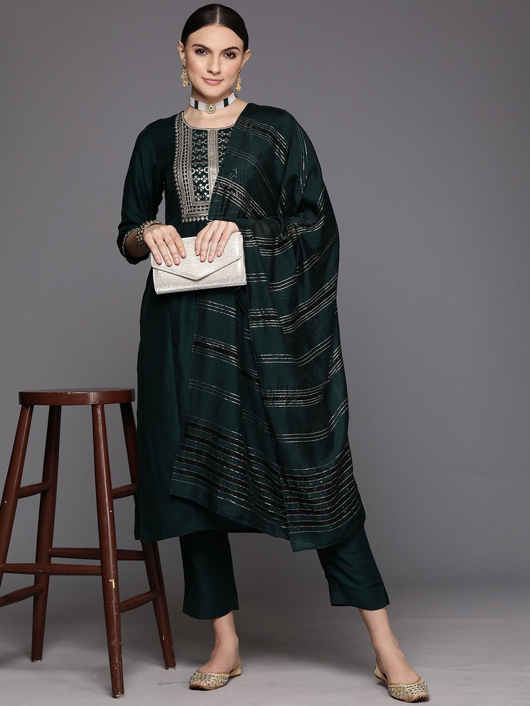 

Indo Era Floral Yoke Design A-Line Sequinned Kurta with Trousers & Dupatta, Green