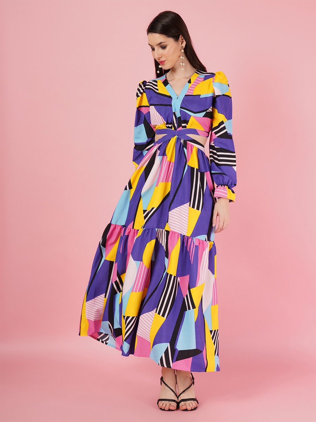 

Femvy Printed Bell Sleeves Cut-Outs Details Fit and Flare Maxi Dress, Blue