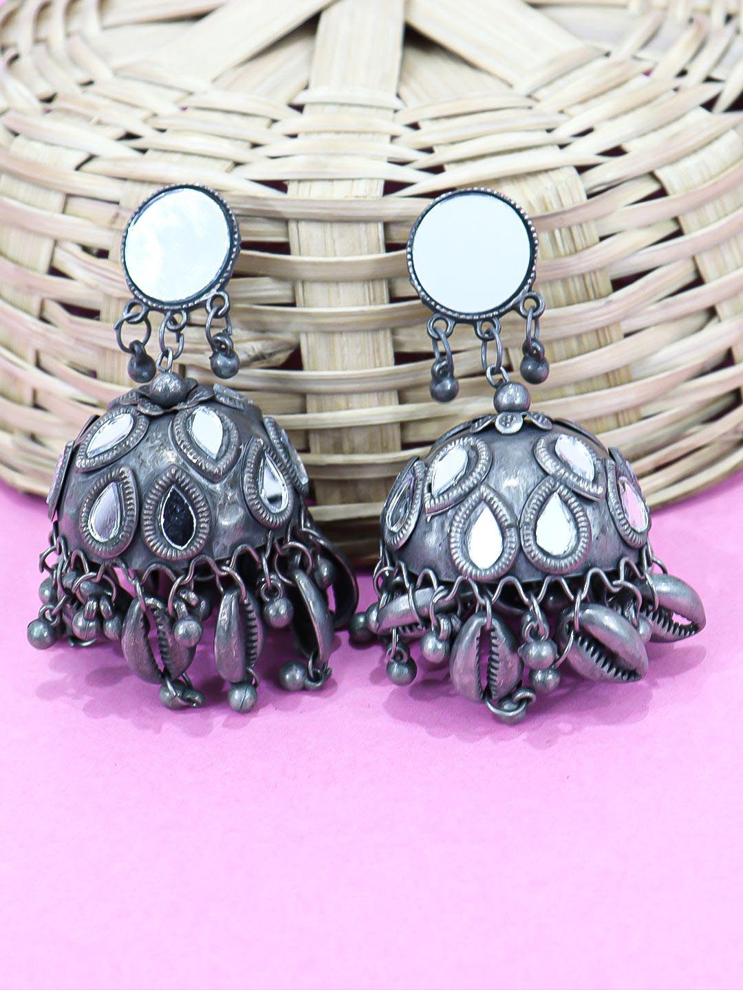 

Krelin Silver-Plated Mirror Work Dome Shaped Oxidized Jhumkas